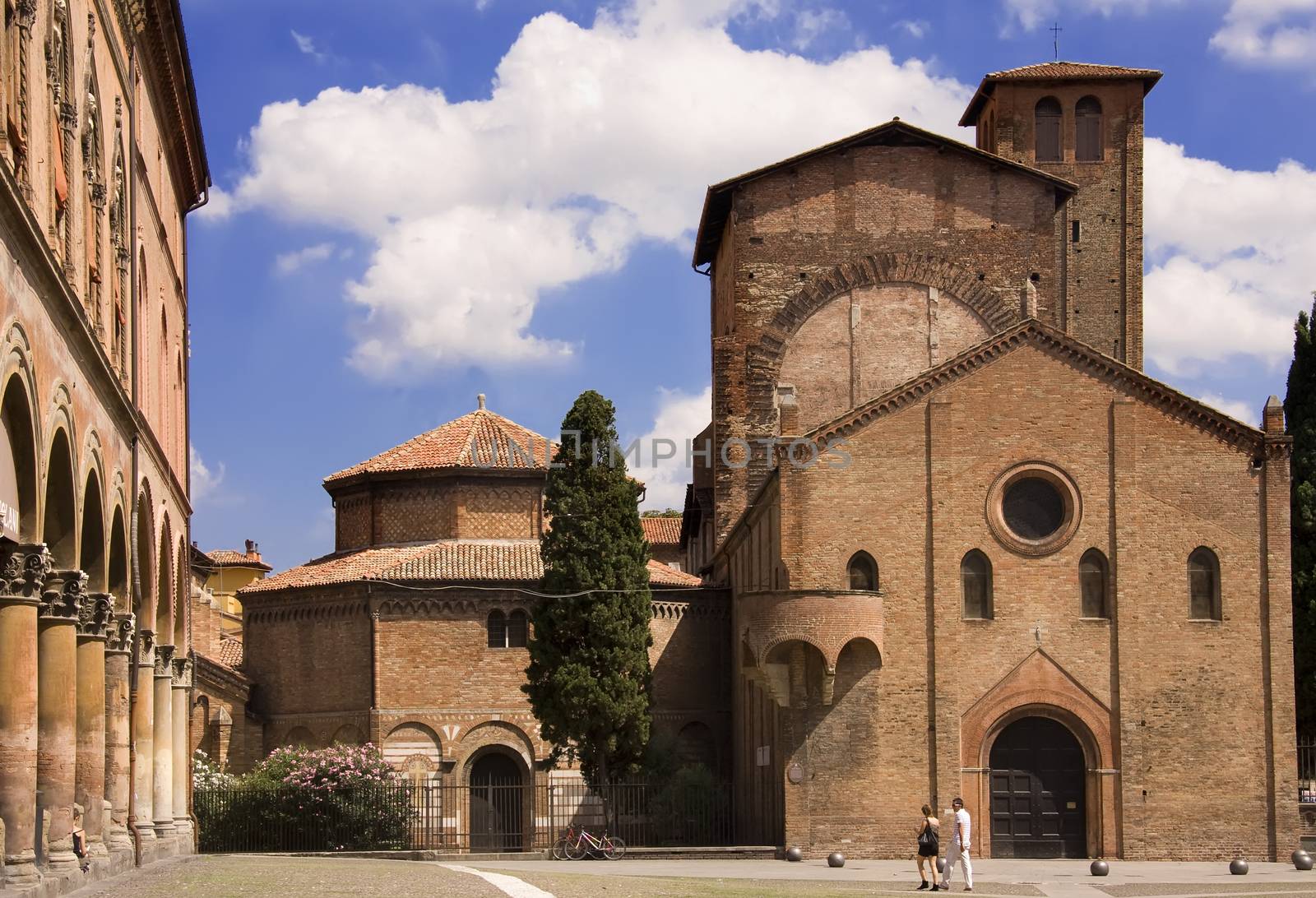 Facade of medieval church and monastery in Bologna, Italy