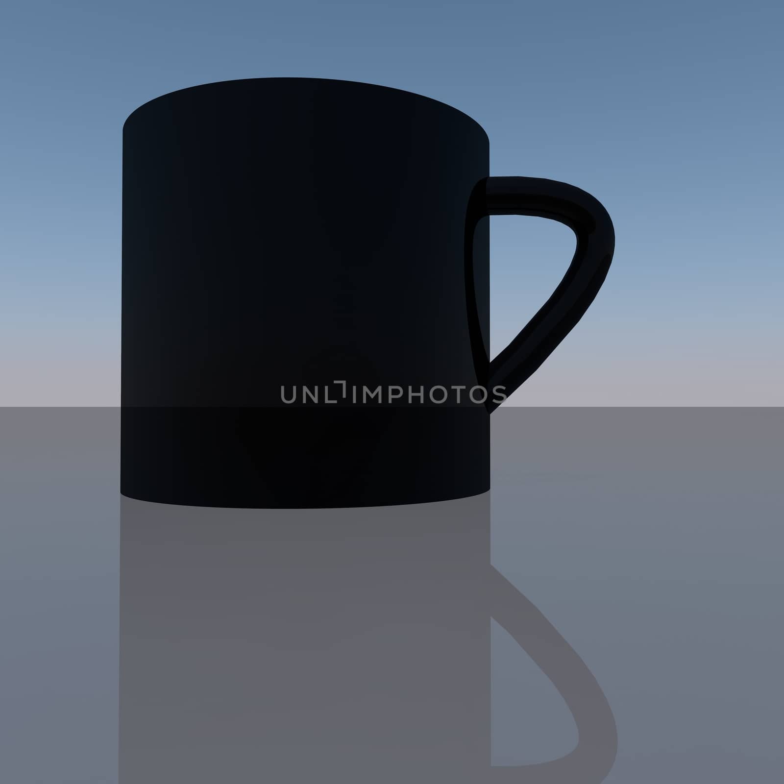 Black cup reflecting on table, 3d render