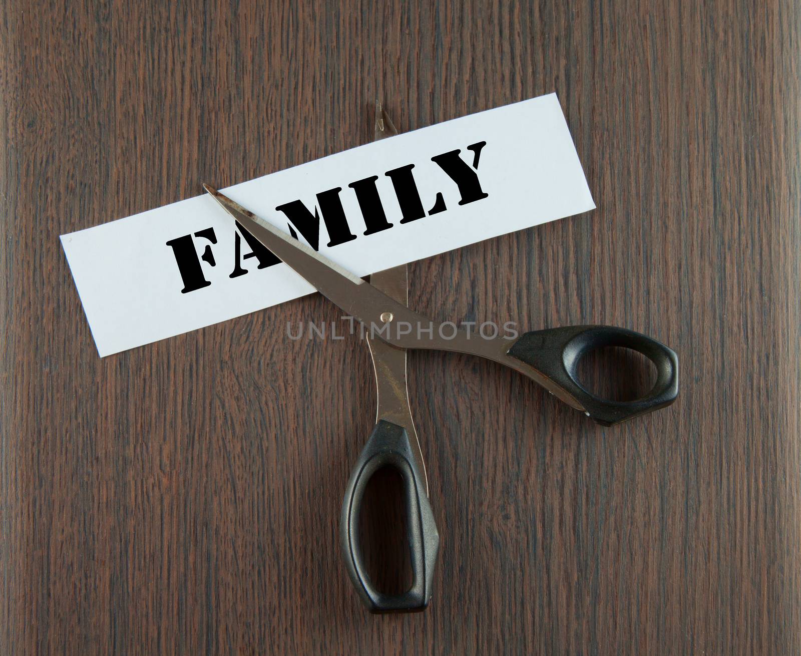 Scissors cutting the word "family" written on a paper strip, over wooden background