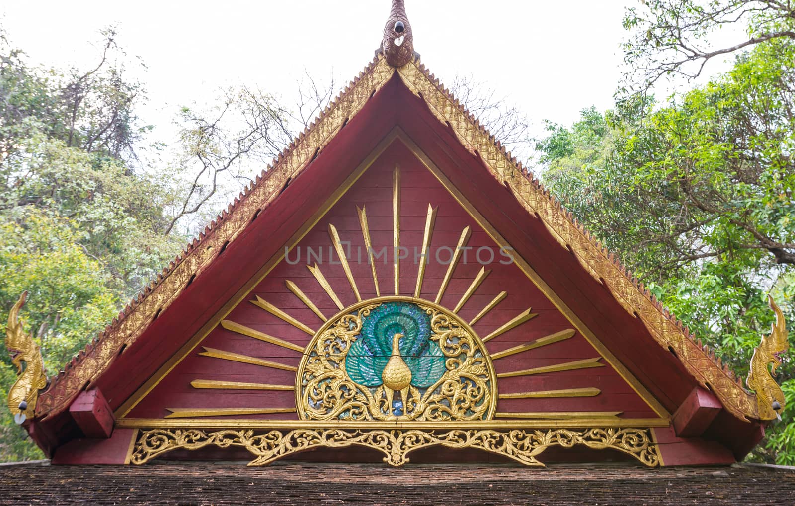 Low angle view of Thai Buddhist temple gable