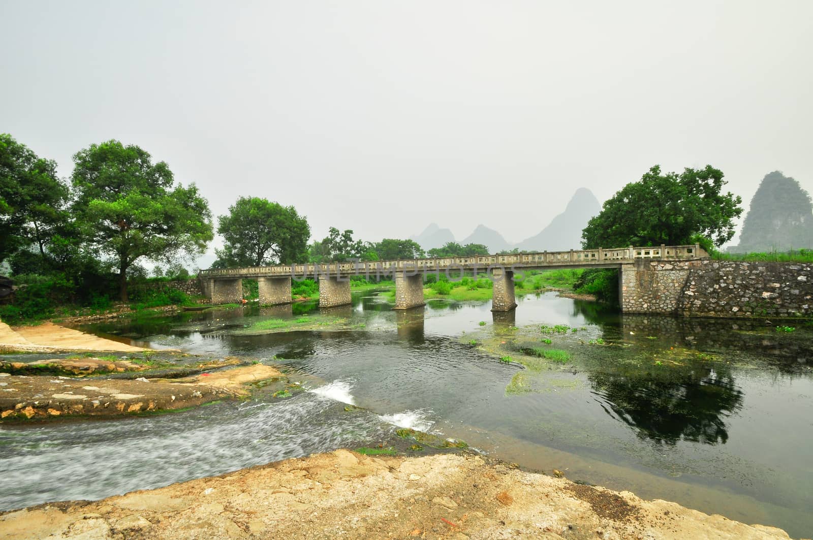 Beautiful Li river side Karst mountain landscape in Yangshuo Guilin, China