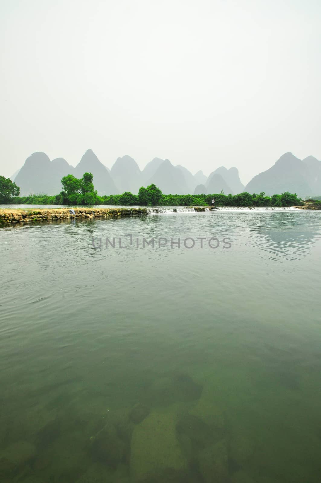 Beautiful Li river side Karst mountain landscape in Yangshuo Guilin, China