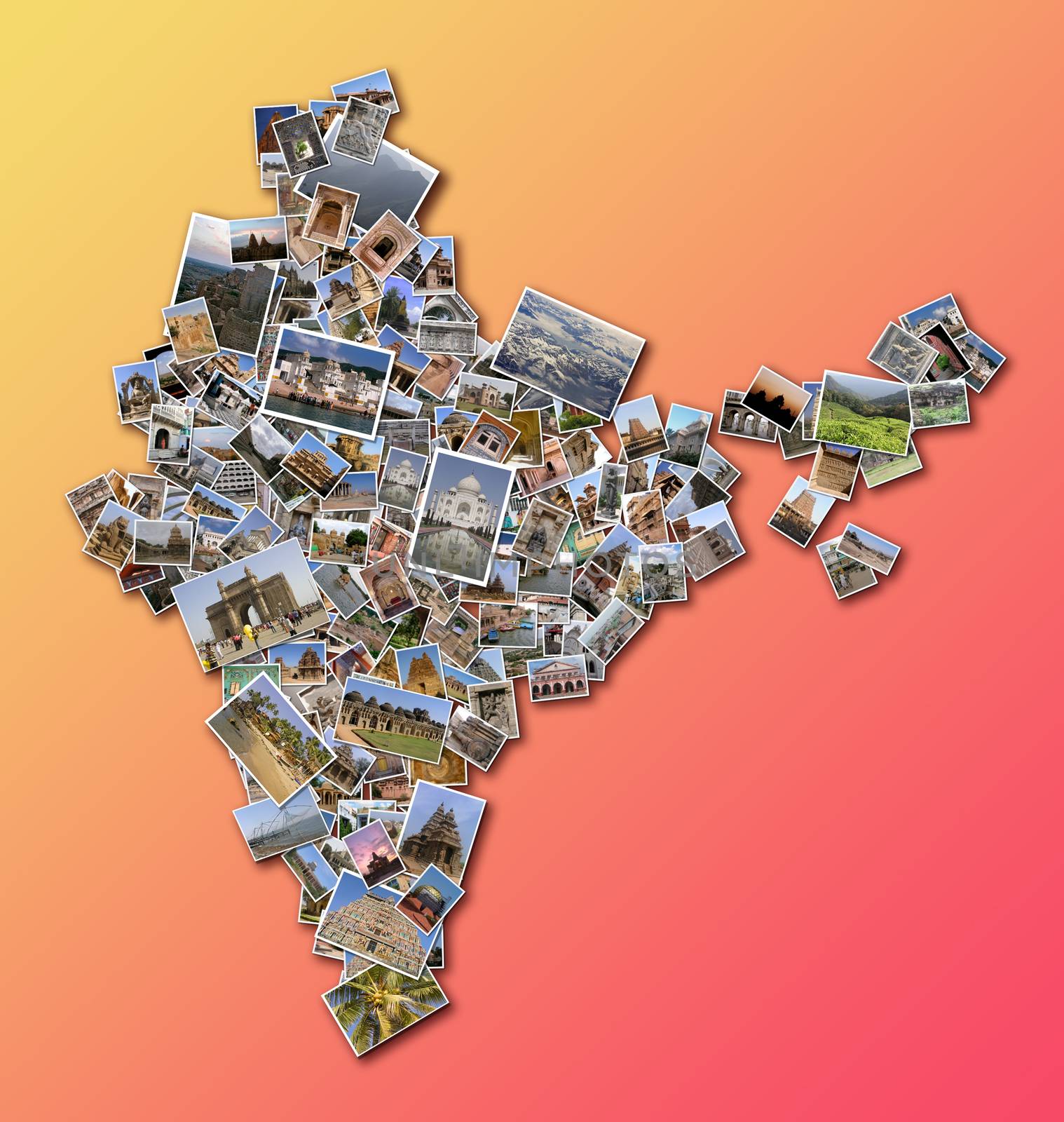 India outline map filled with a collage made of large collection of photos displaying Indian monuments and famous places