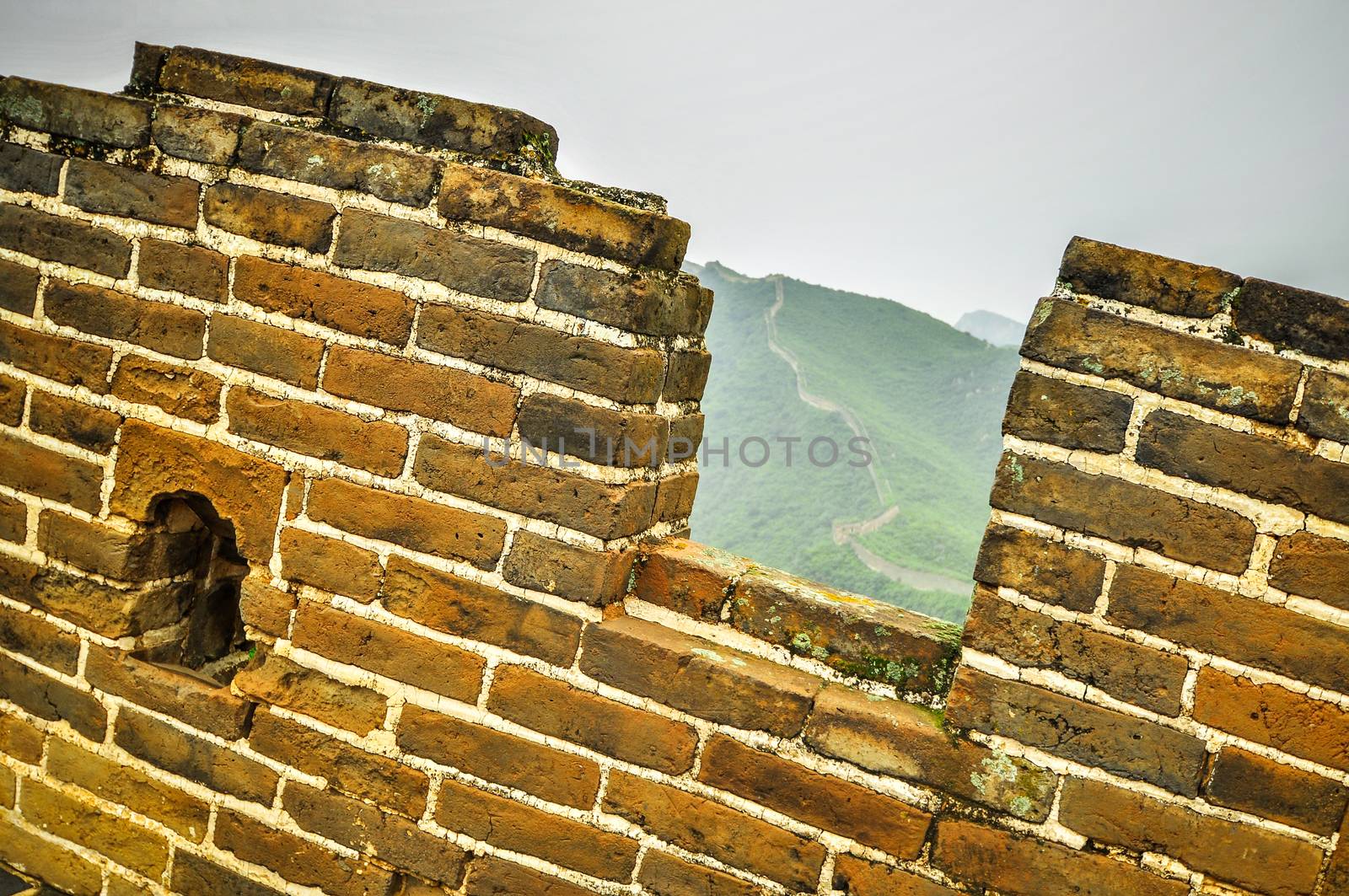 Great Wall fog over mountains in Beijing, China.