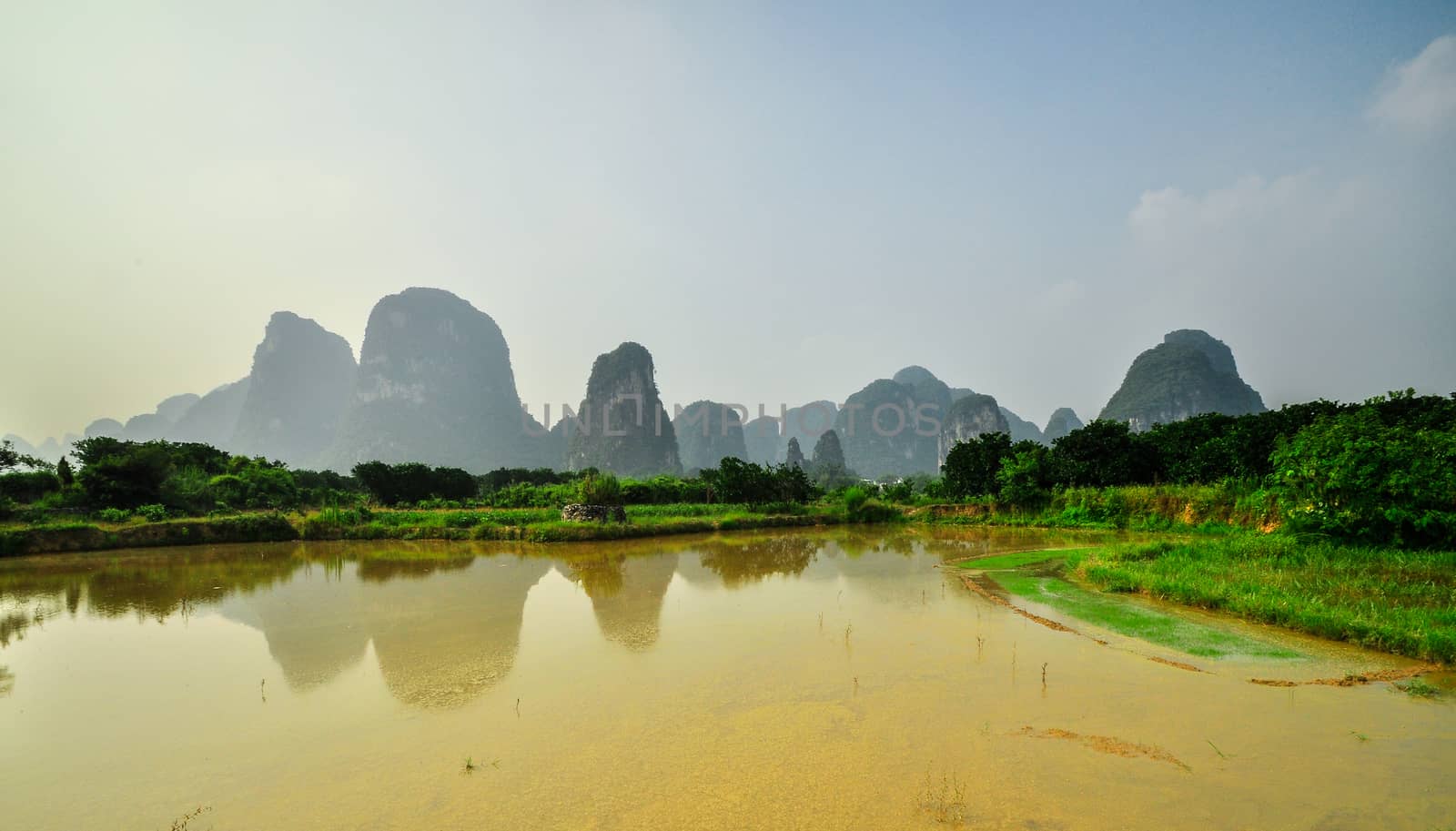 Beautiful Li river side Karst mountain landscape in Yangshuo Guilin, China