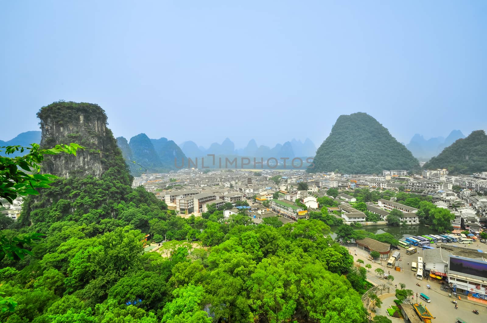 Aerial view of yangshuo city county town, beautiful karst mountain scenery,China