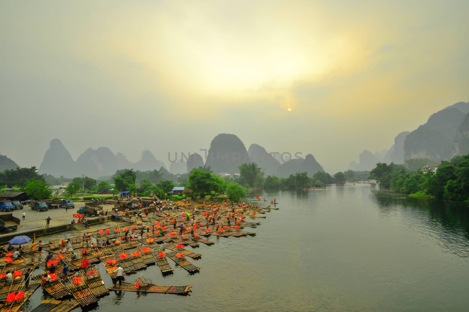 Beautiful Li river side Karst mountain landscape in Yangshuo Guilin, China