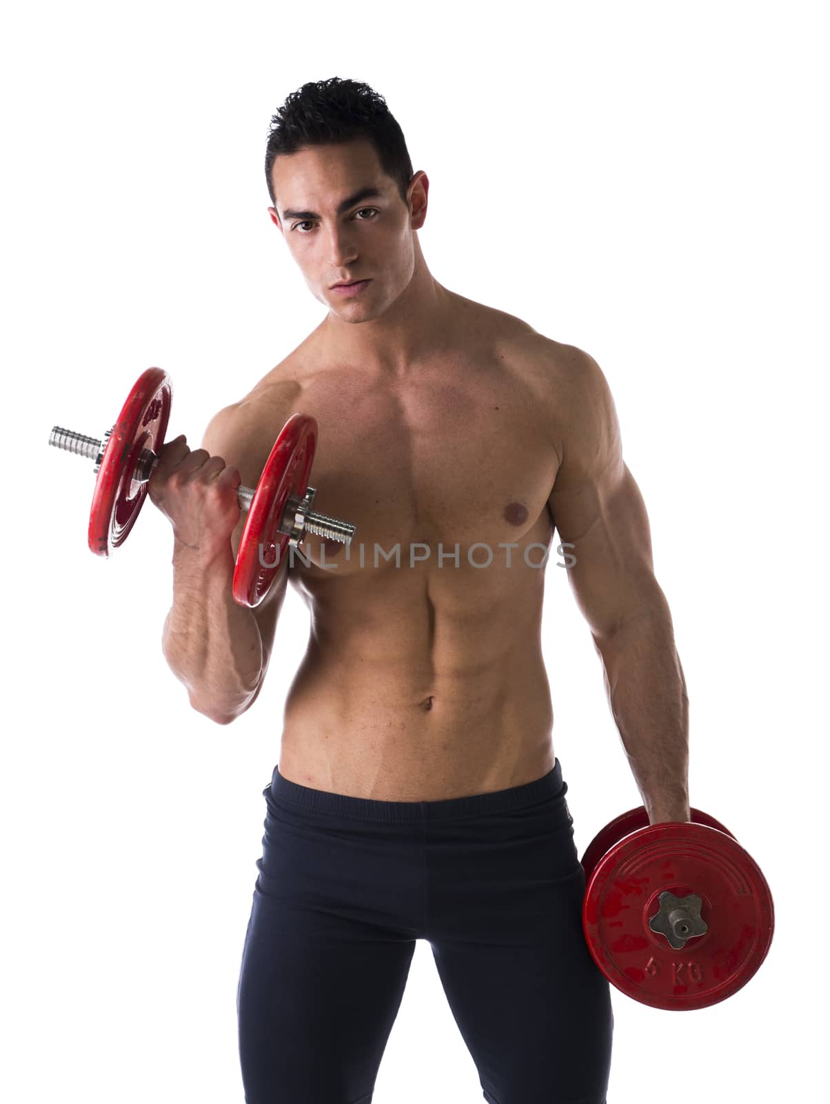 Muscular sexy shirtless young man exercising biceps with dumbbells, isolated on white 