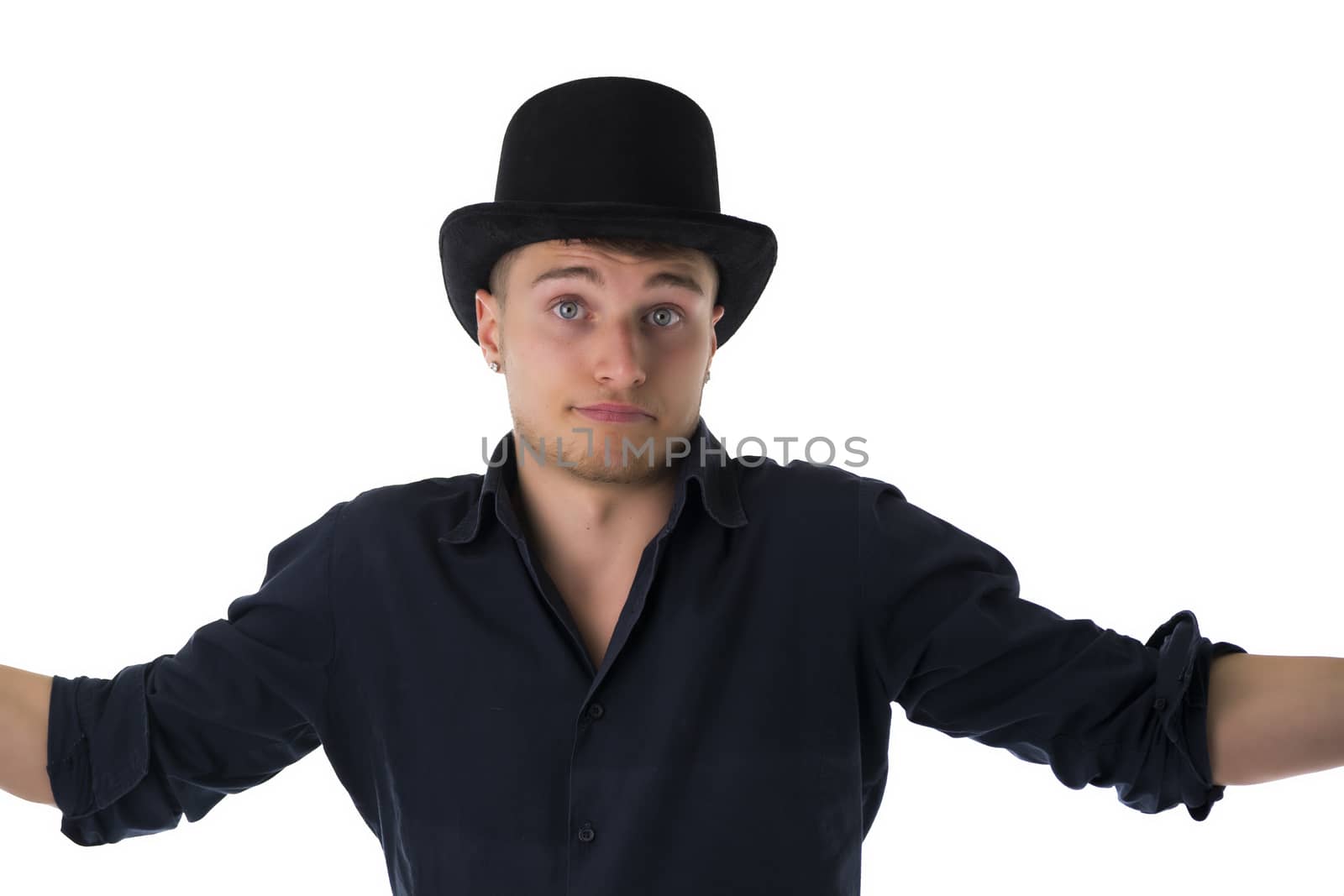 Handsome blue-eyed young man with black top-hat, unsure expression
