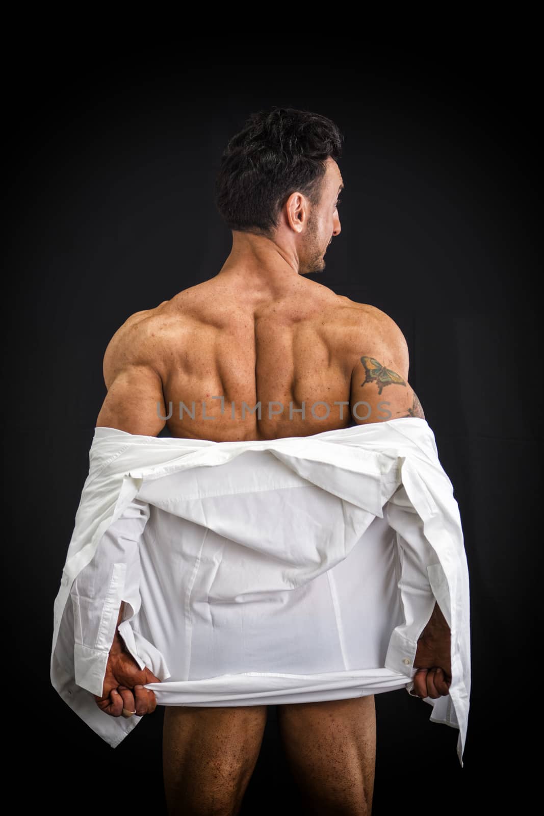 Male bodybuilder undressing revealing muscular back and shoulders, on dark background