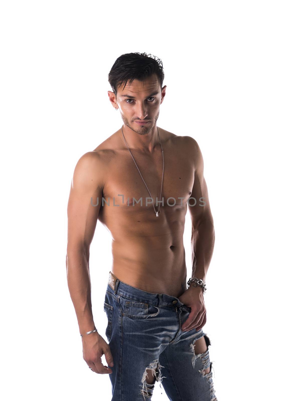 Handsome lean, shirtless man in jeans by artofphoto