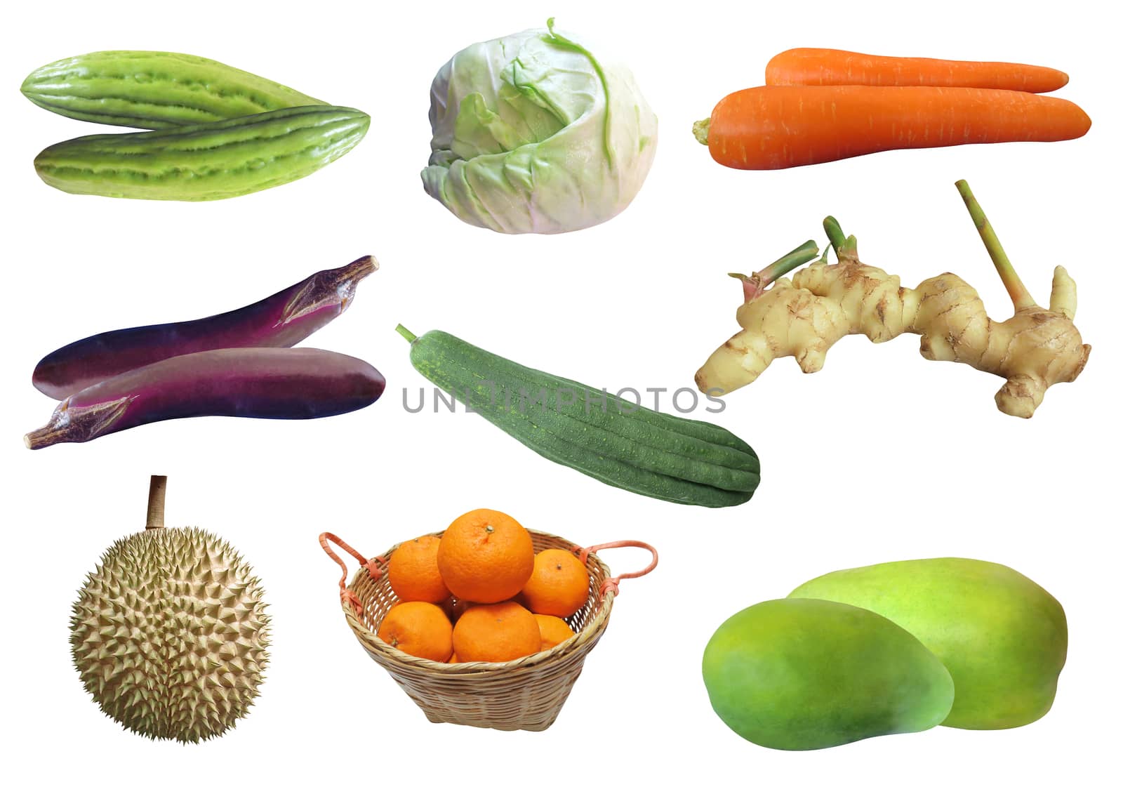Collection fruits and vegetables isolated on white background