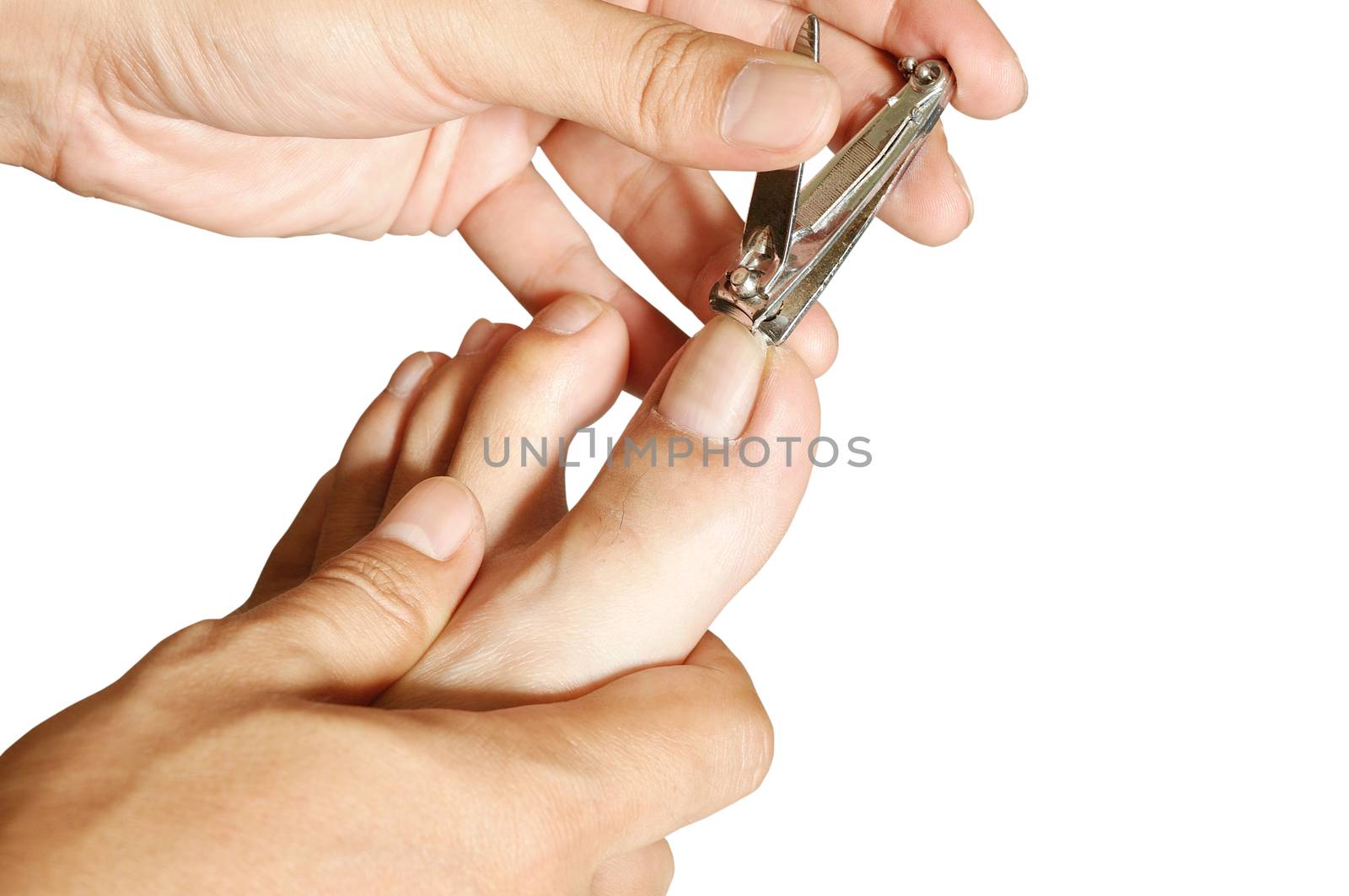 Hand cutting feet Nail on white background with Clipping path 