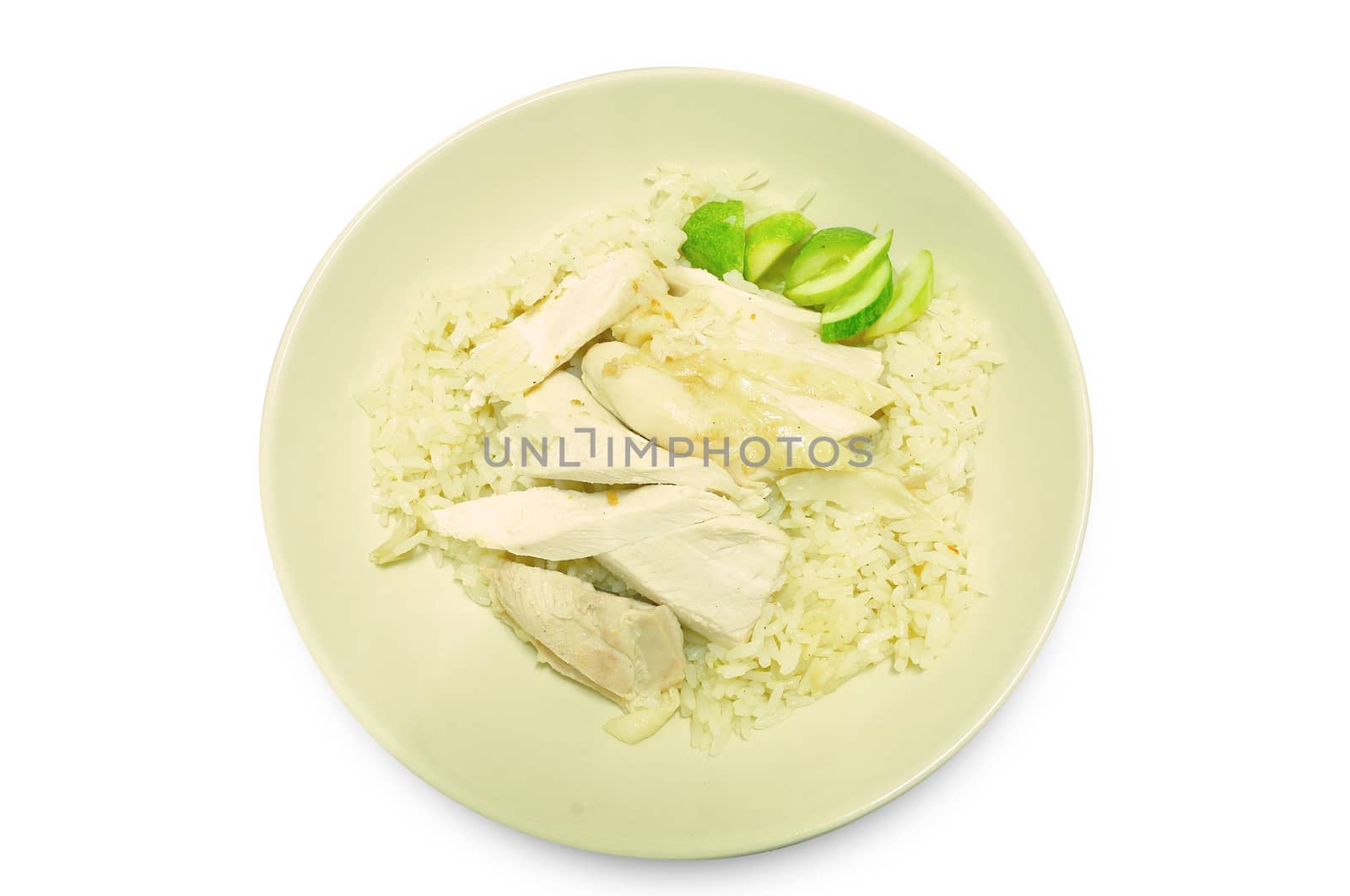 sliced Hainan-style chicken with marinated rice and sauce (Hainanese chicken rice)