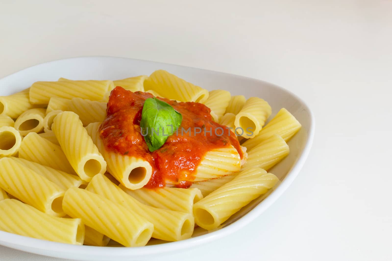 Italian macaroni with tomato sauce and leaves of basil