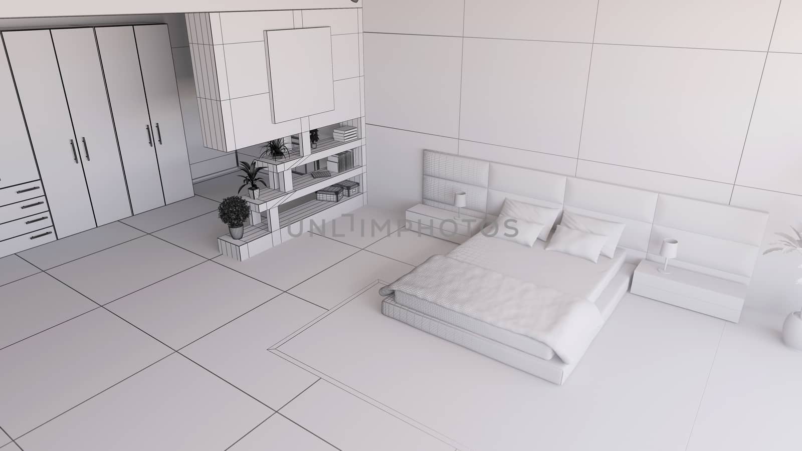 3D render of a bedroom in wireframe by enrico.lapponi