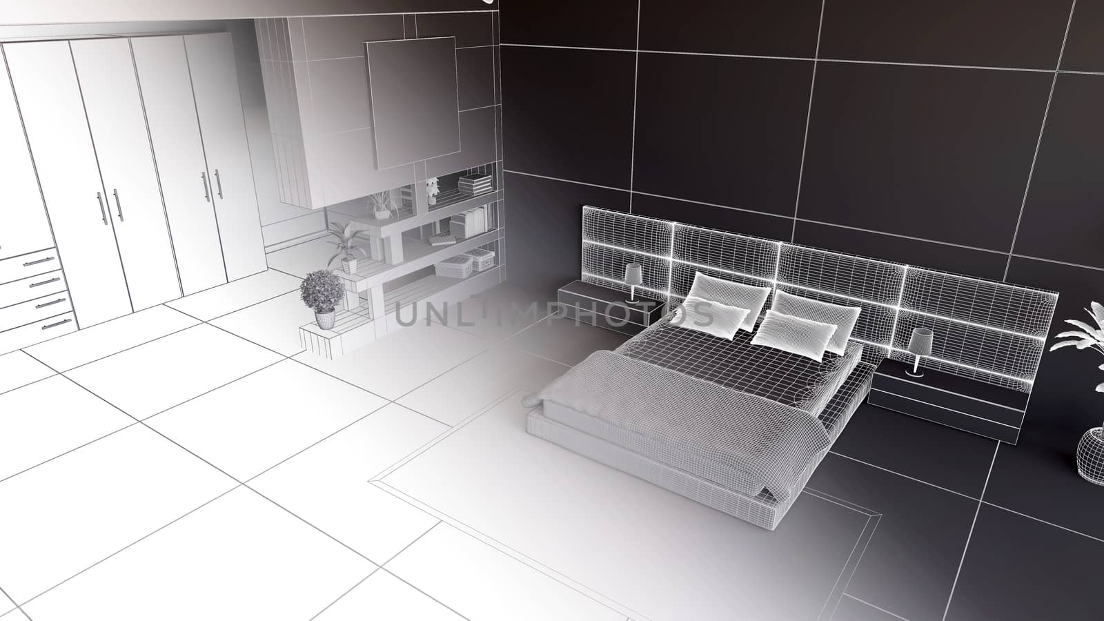 3D render of a bedroom in wireframe