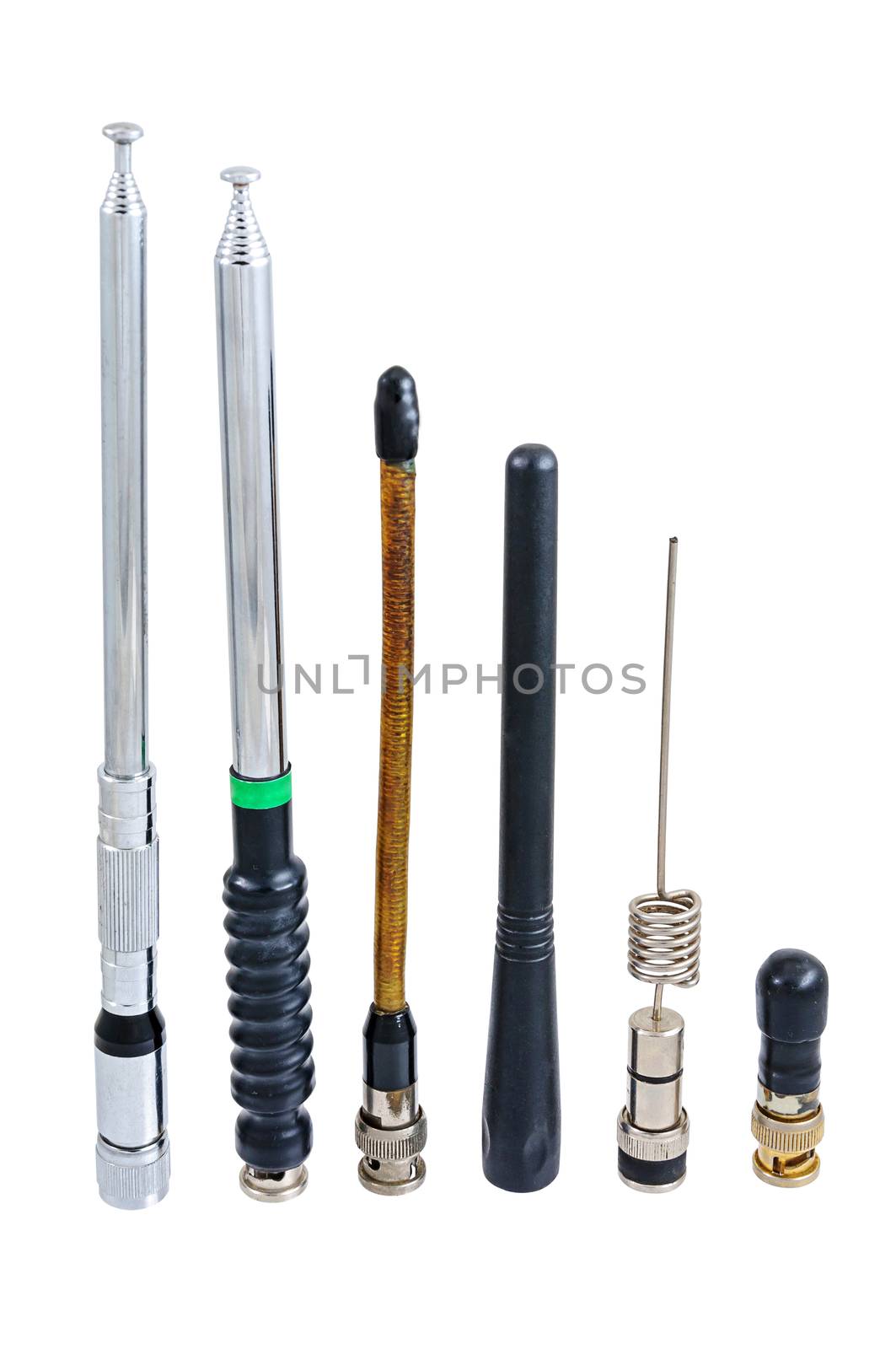 Collection of portable radio antenna  isolated on white background