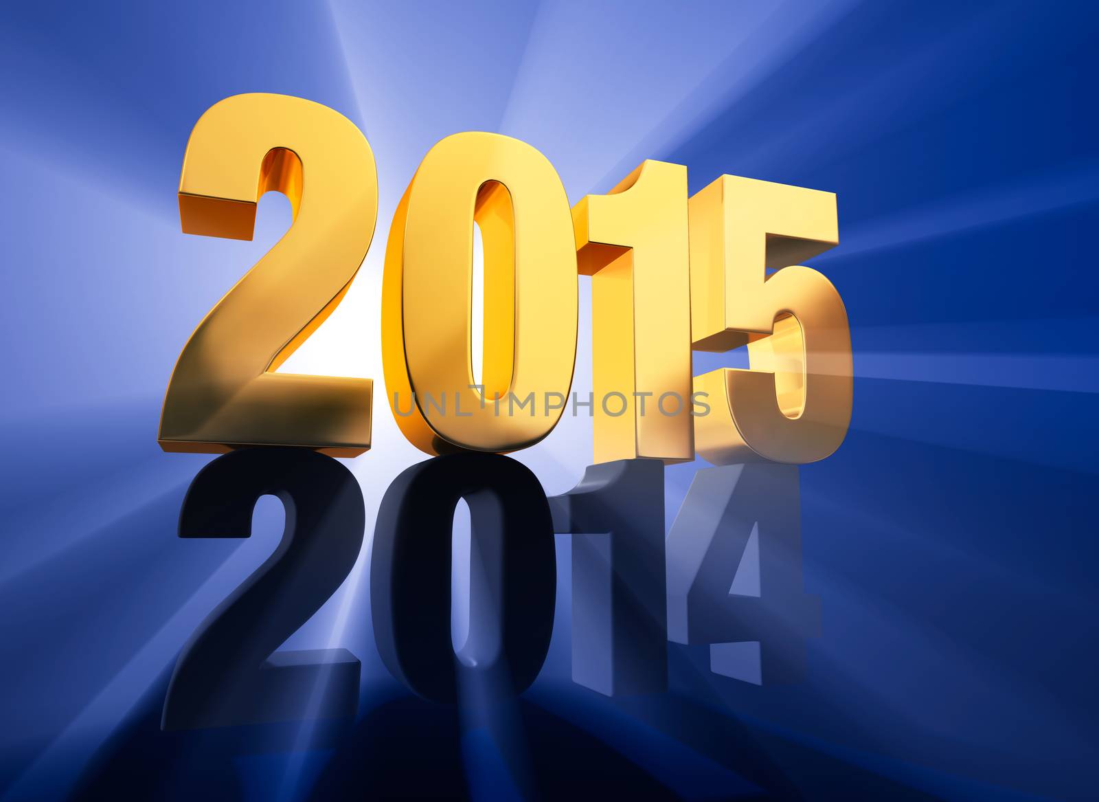 Forced perspective rendering of a brilliantly backlit, gold "2015" atop a dark gray "2014" on a deep blue background with light rays shining through both years. 
