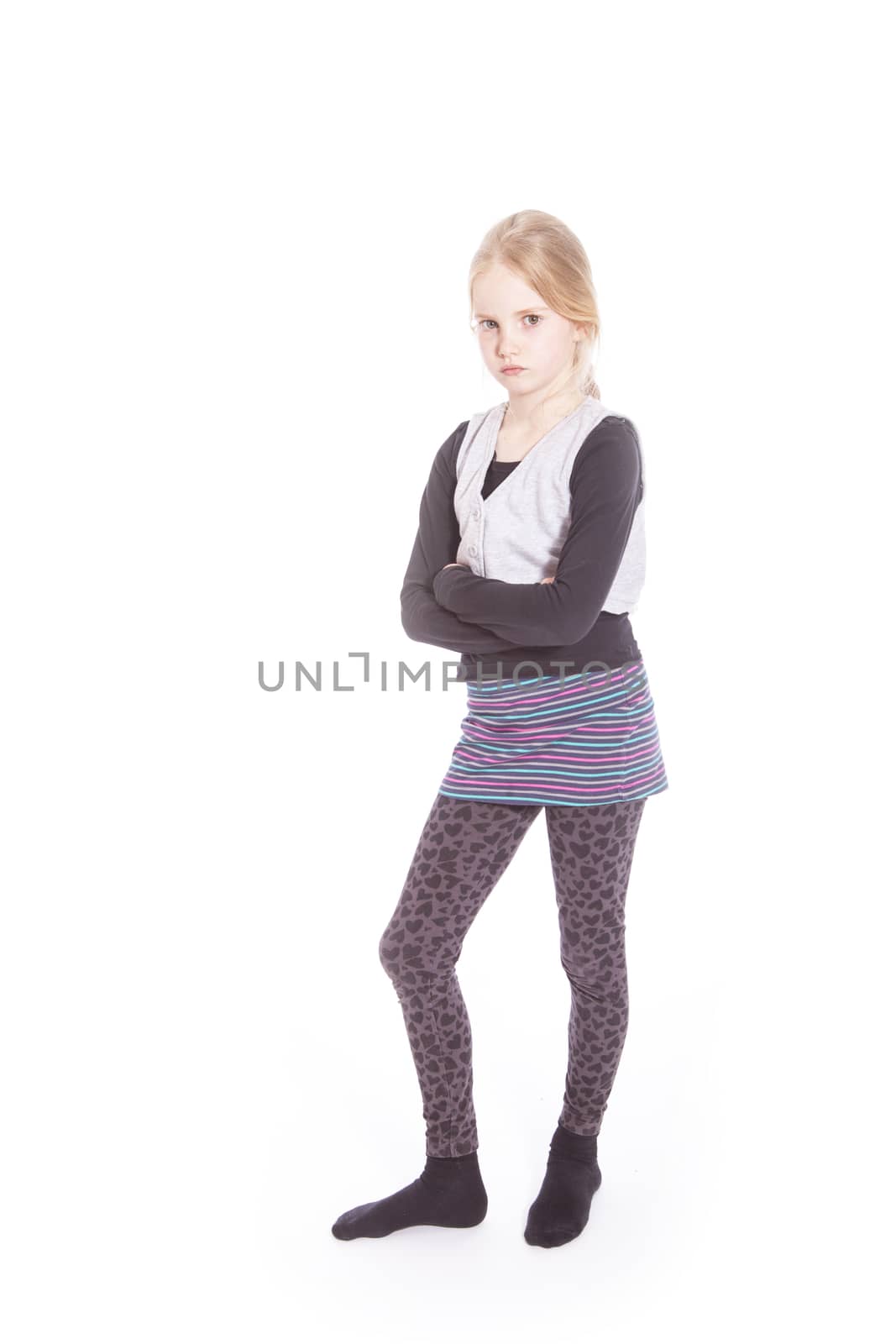 young blond girl with angry attitude in studio against white background