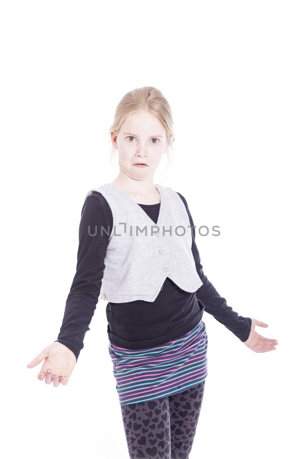 young blond girl with asking gesture in studio by ahavelaar