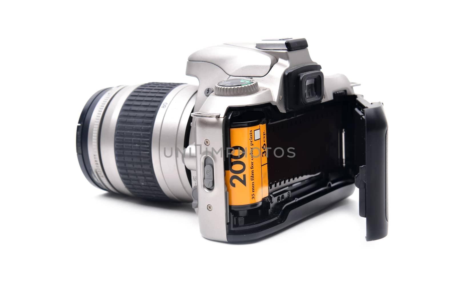 camera with 35 mm film on white background