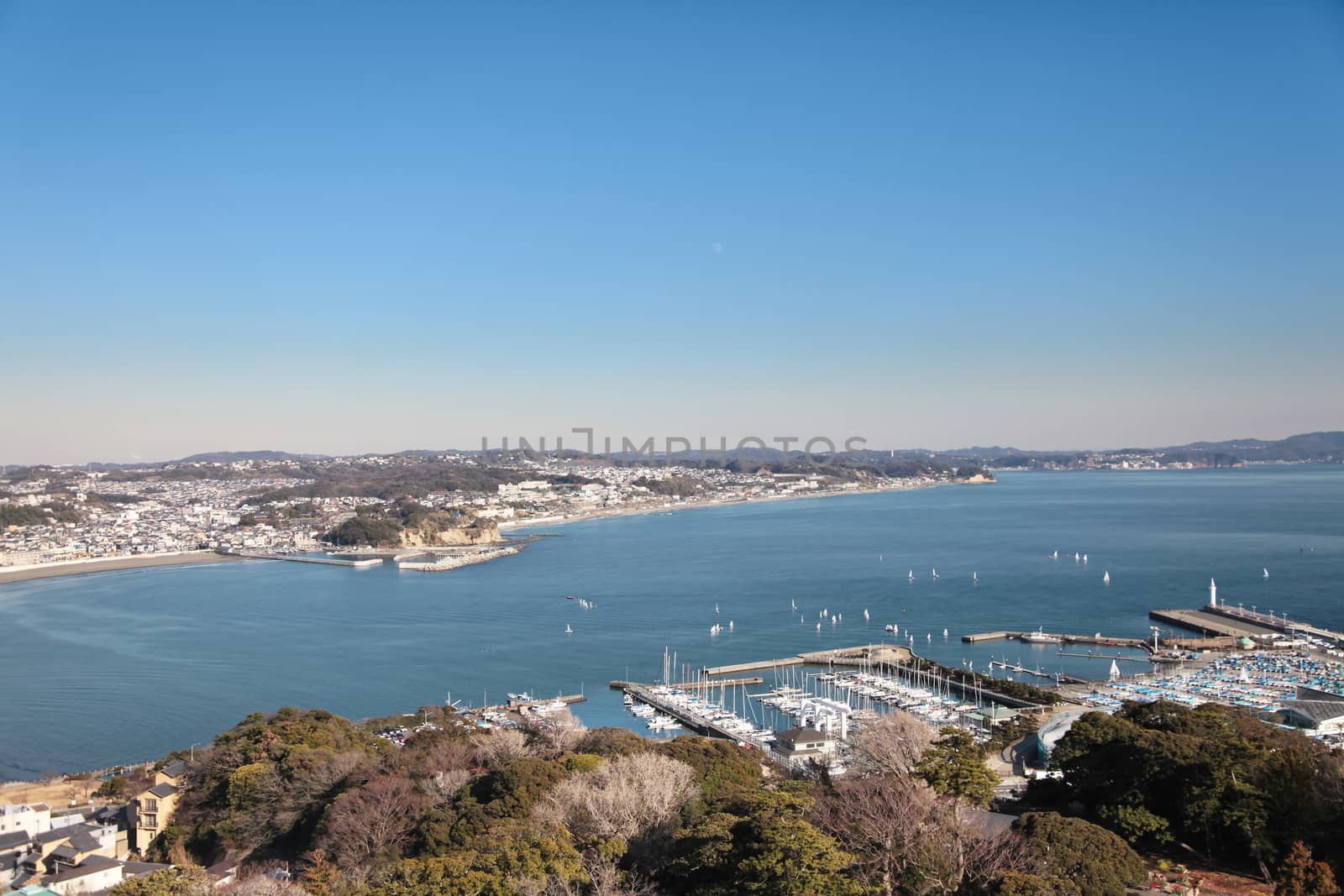 Bayside view of Tokyo Japan, with clear blue sky