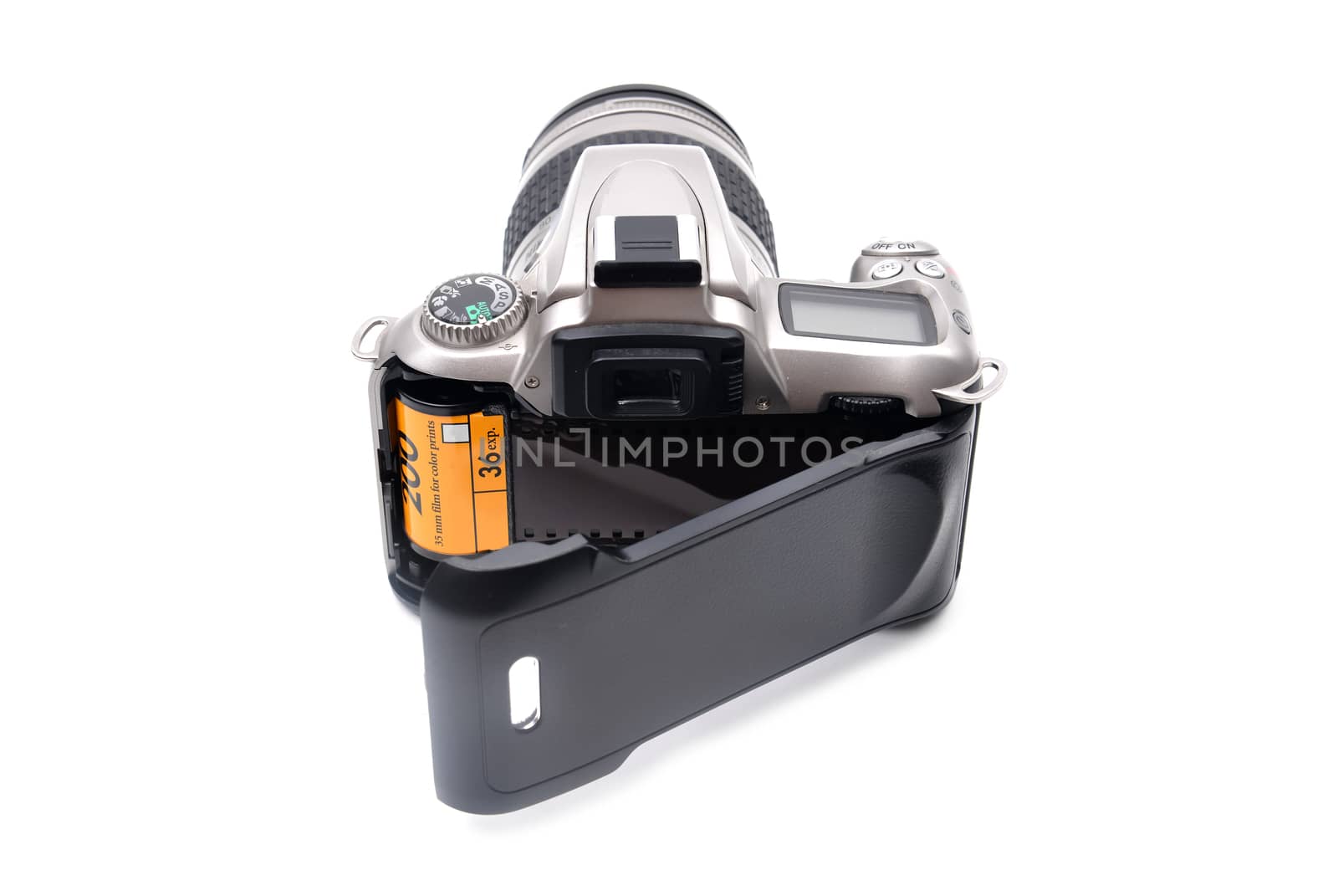 camera with 35 mm film on white background