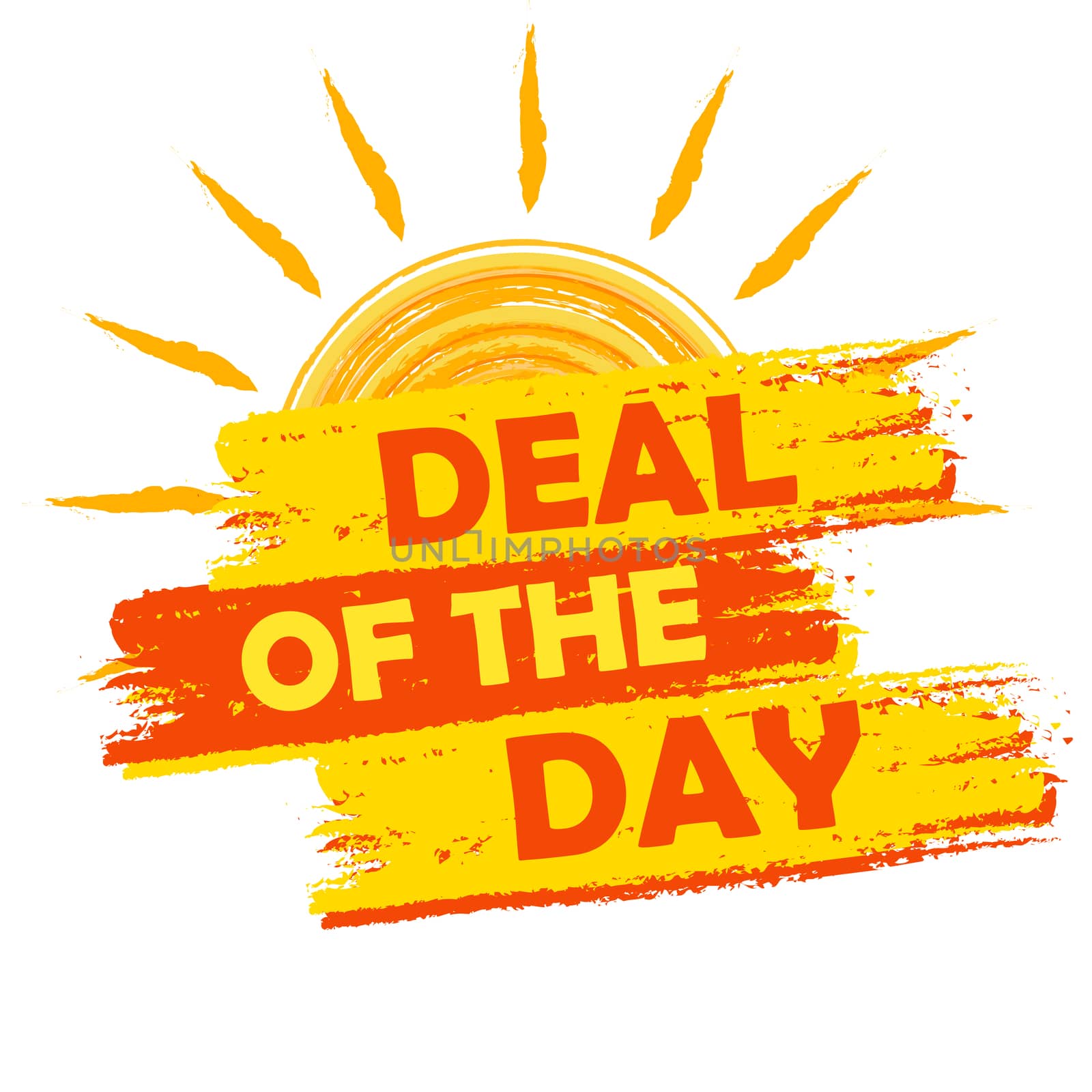 summer deal of the day banner - text in yellow and orange drawn label with sun symbol, business seasonal shopping concept