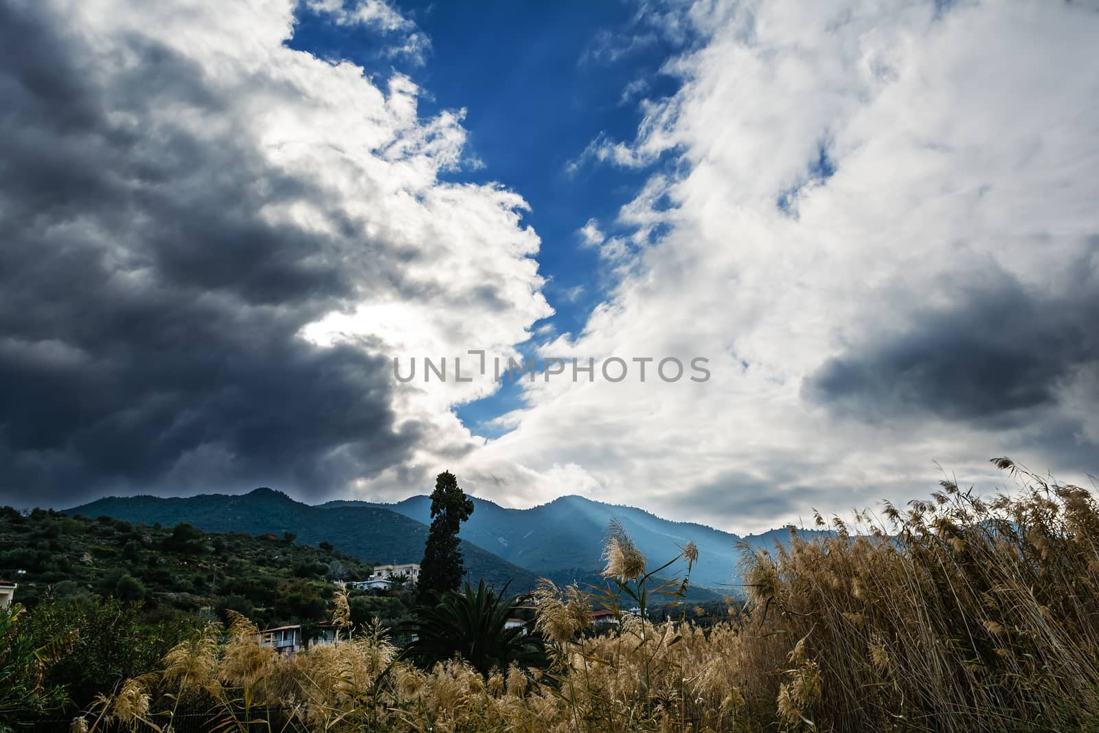 Village scene under dramatic sky