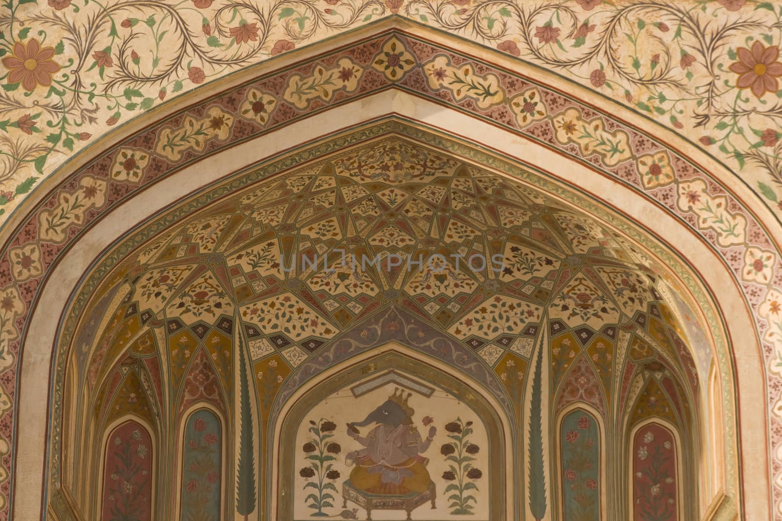 Detail of ornately decorated gateway (Ganesh Pol) inside Amber Palace, Jaipur, Rajasthan, India