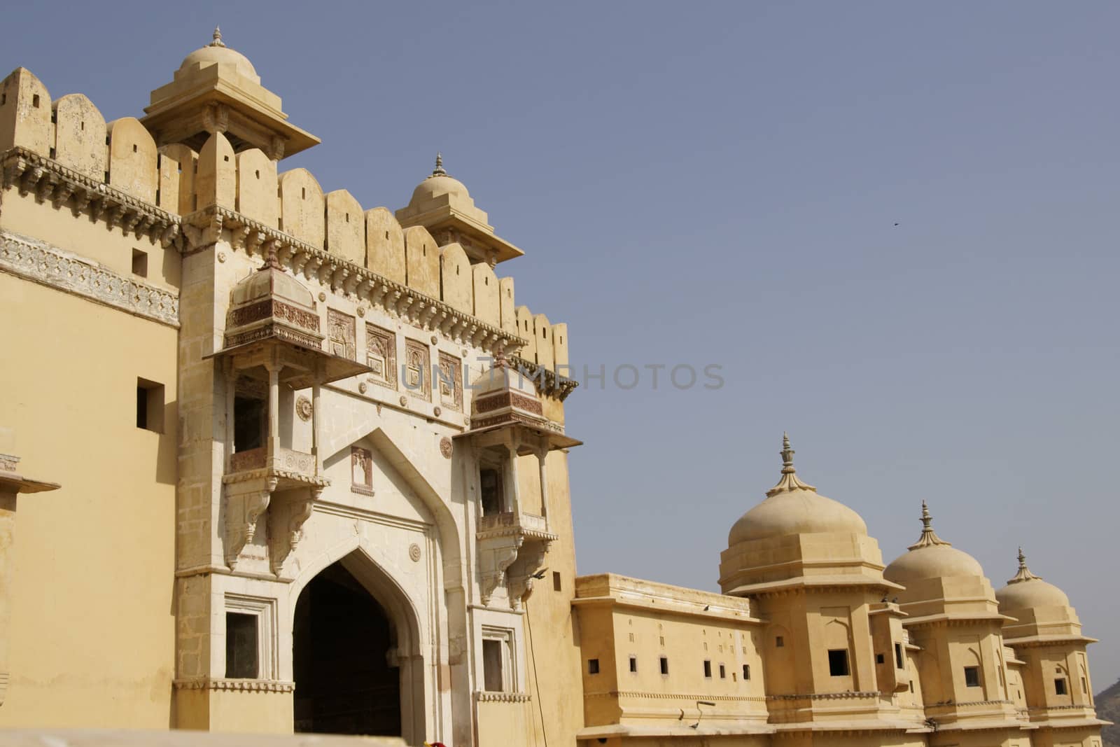 Suraj Pol. Imposing main entrance to Amber Fort. Historic building and former home to the Maharajah of Jaipur in Rajasthan, India.