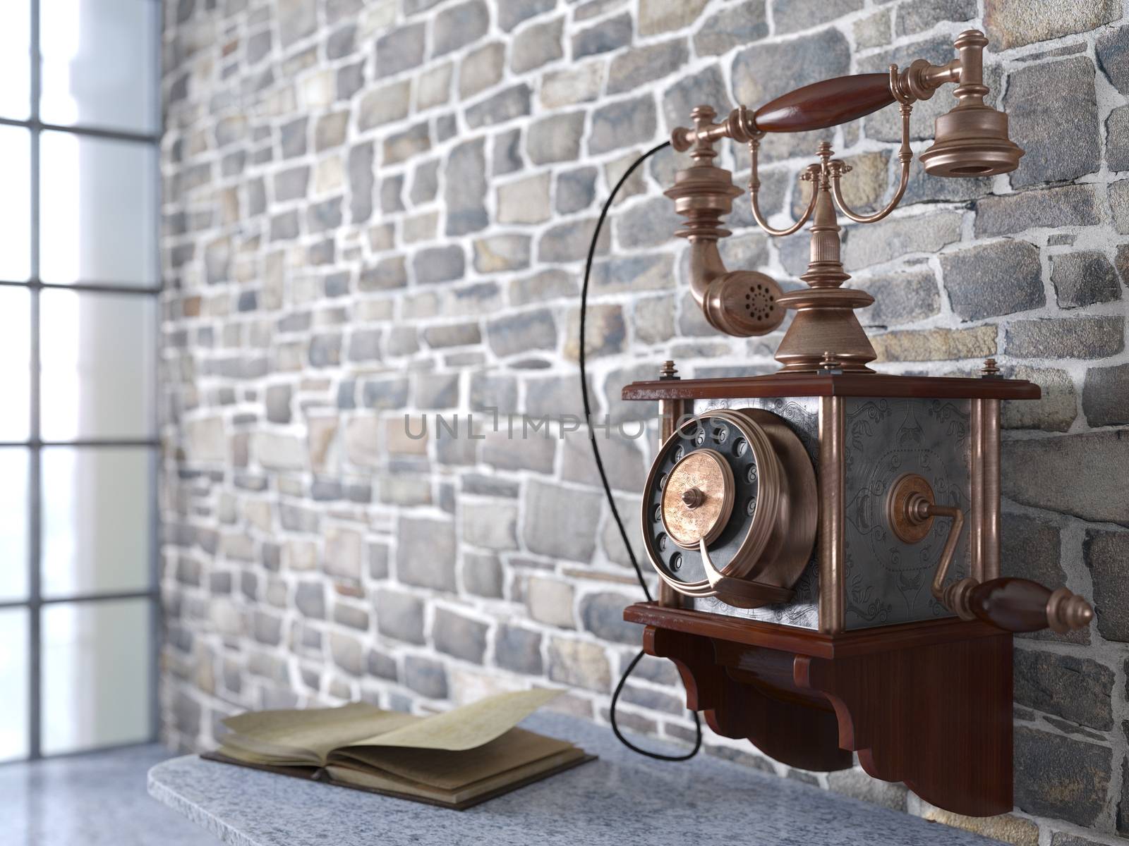 Vintage telephone on old wall concept background