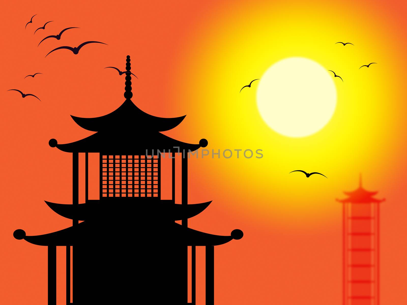 Silhouette Pagoda Representing Buddhism Profile And Shrine