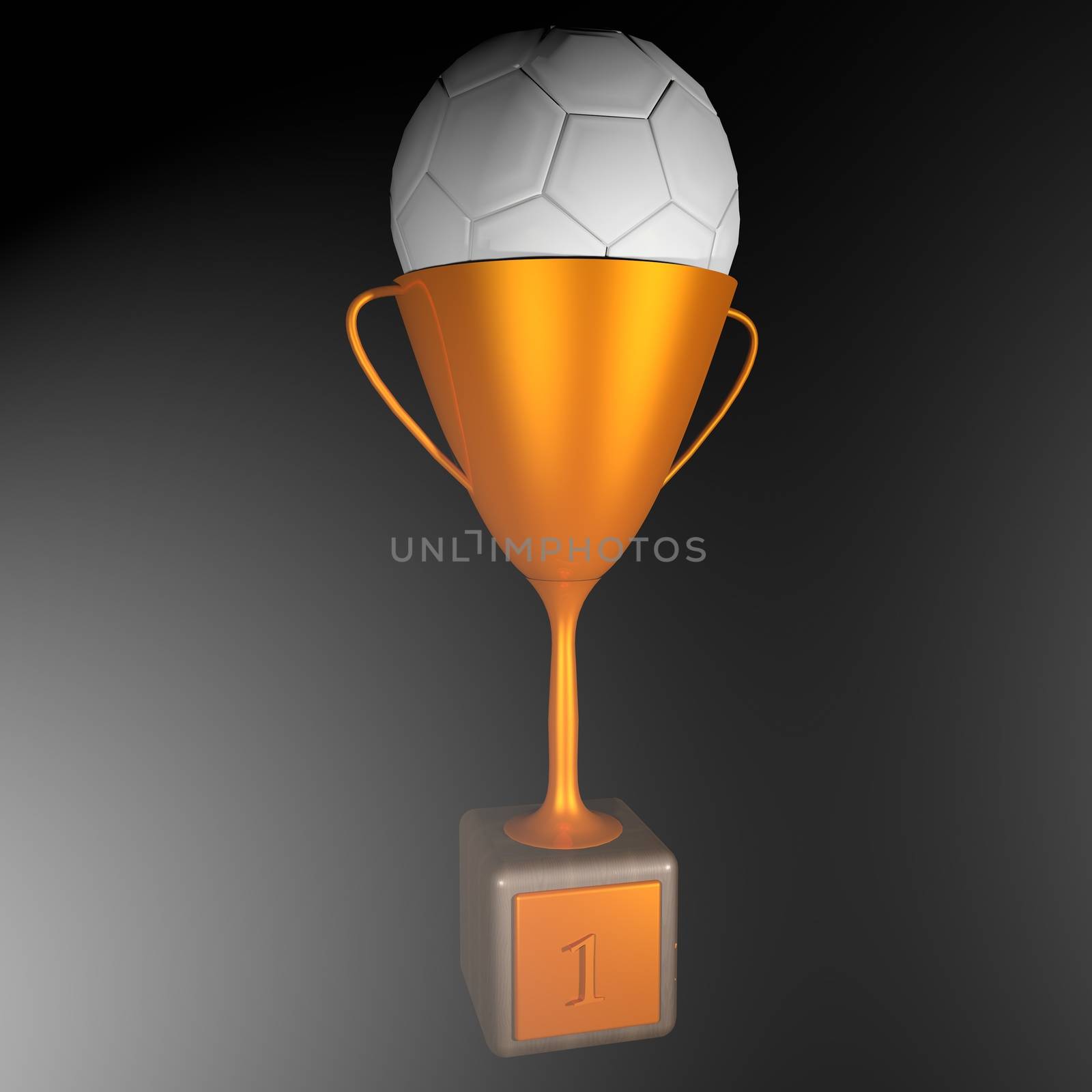 Golden Cup with label with number 1 and soccer ball, 3d render