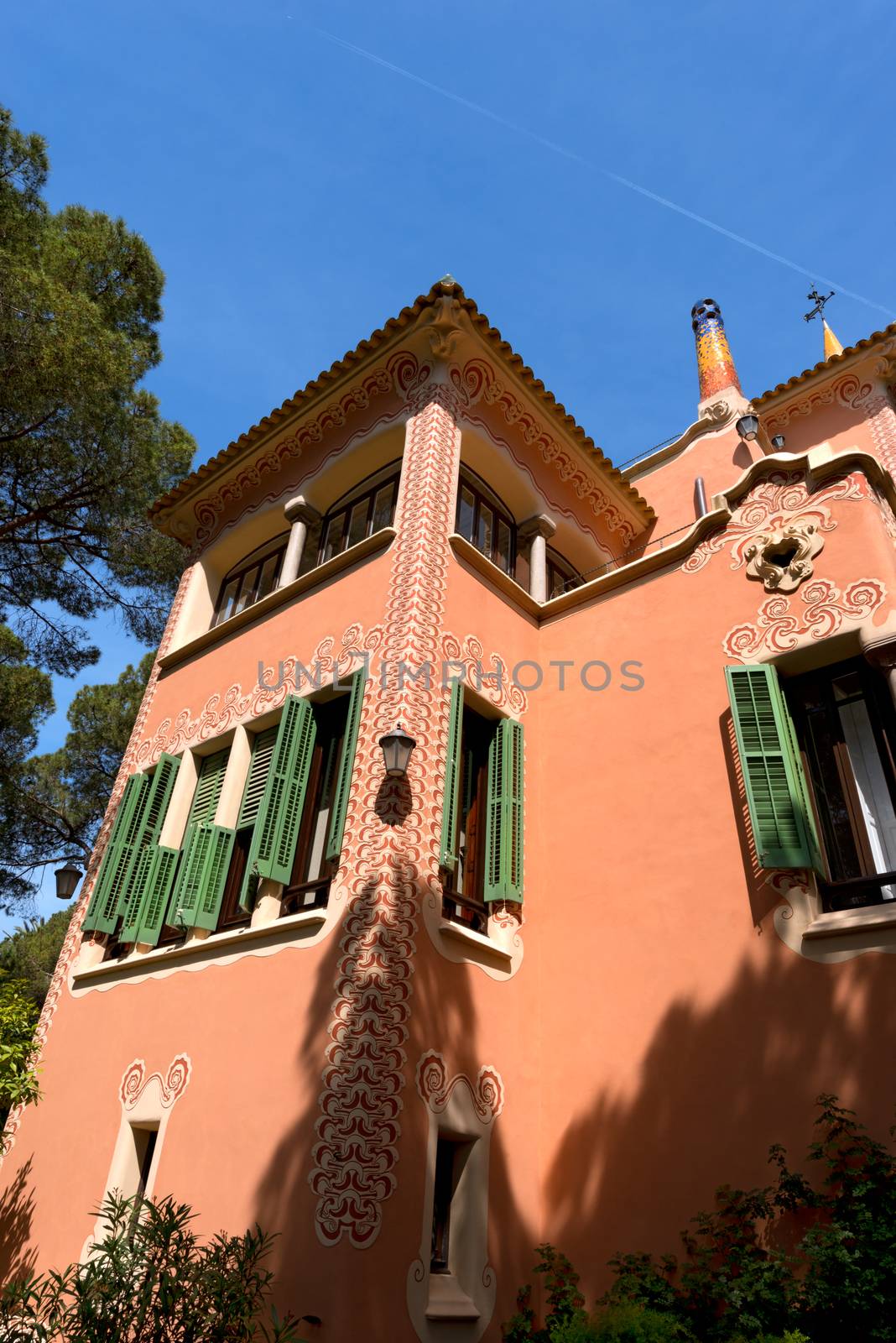 BARCELONA, SPAIN - JUNE 10, 2014: house of Antoni Gaudi and museum in the Park Guell on June 10, 2014 in Barcelona. The park is with other works of Gaudi part of the Unesco world heritage sites. 