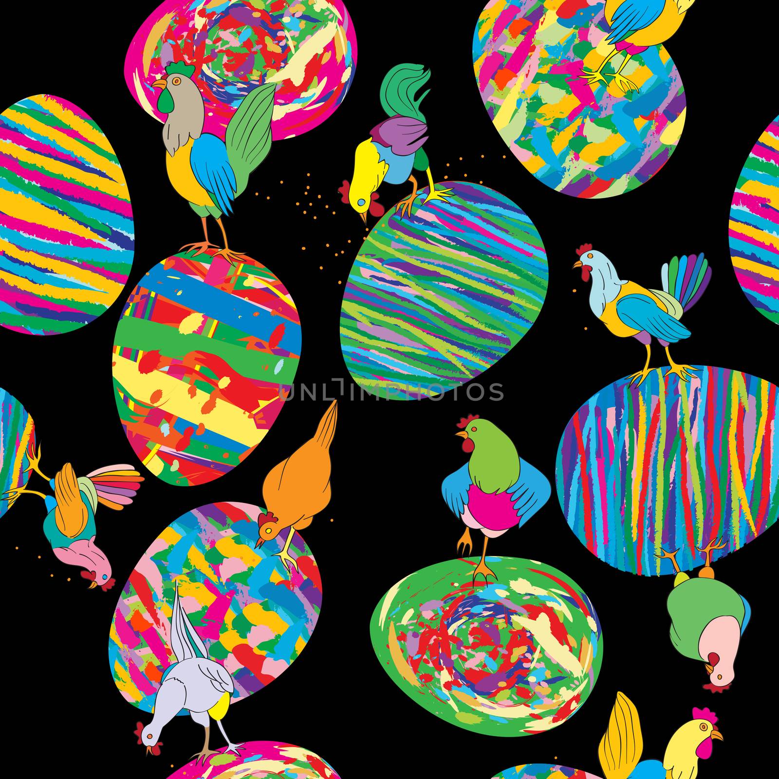 Colored eggs, hens and roosters seamless pattern, hand drawn illustration of a beautiful Easter background over black