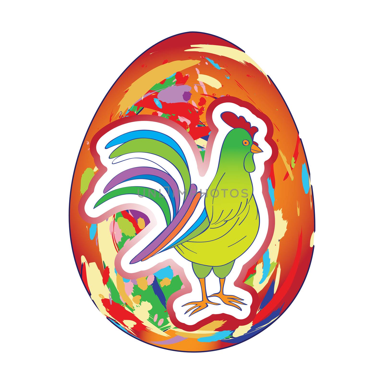 Rooster sticker over an Easter painted egg, hand drawn cartoon illustration isolated on white