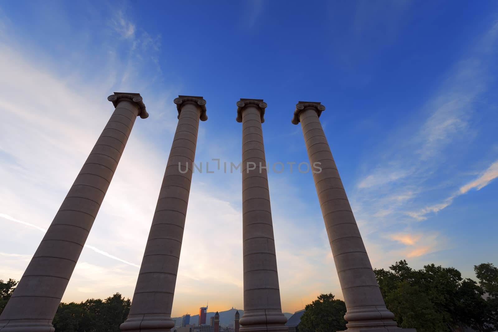 The four columns at sunset near the Palau Nacional in Barcelona, Spain. The columns, symbolize the four stripes of the Catalan flag