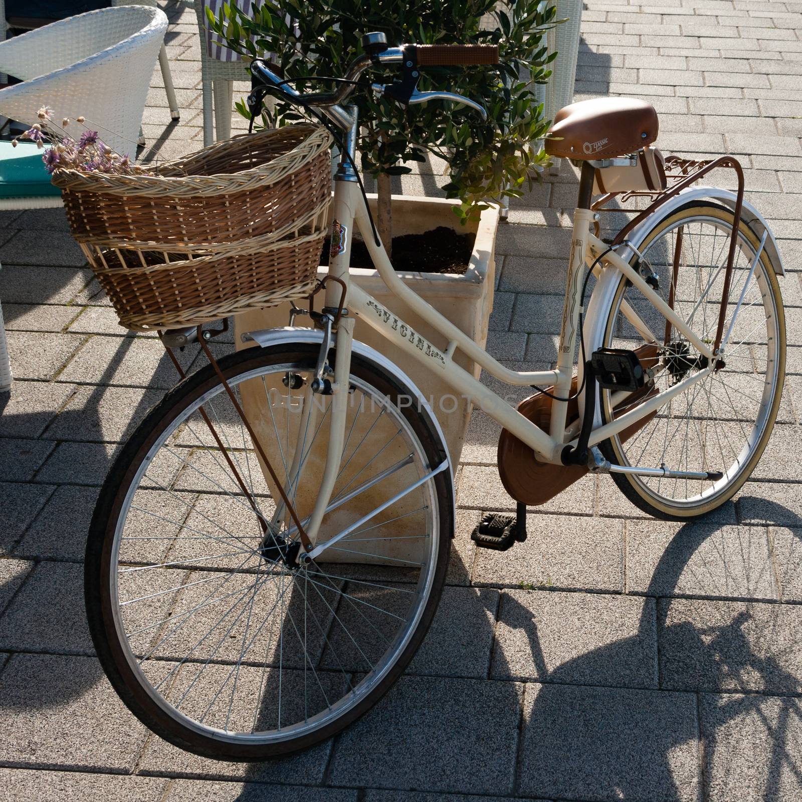 vintage bicycle with basket parked on street