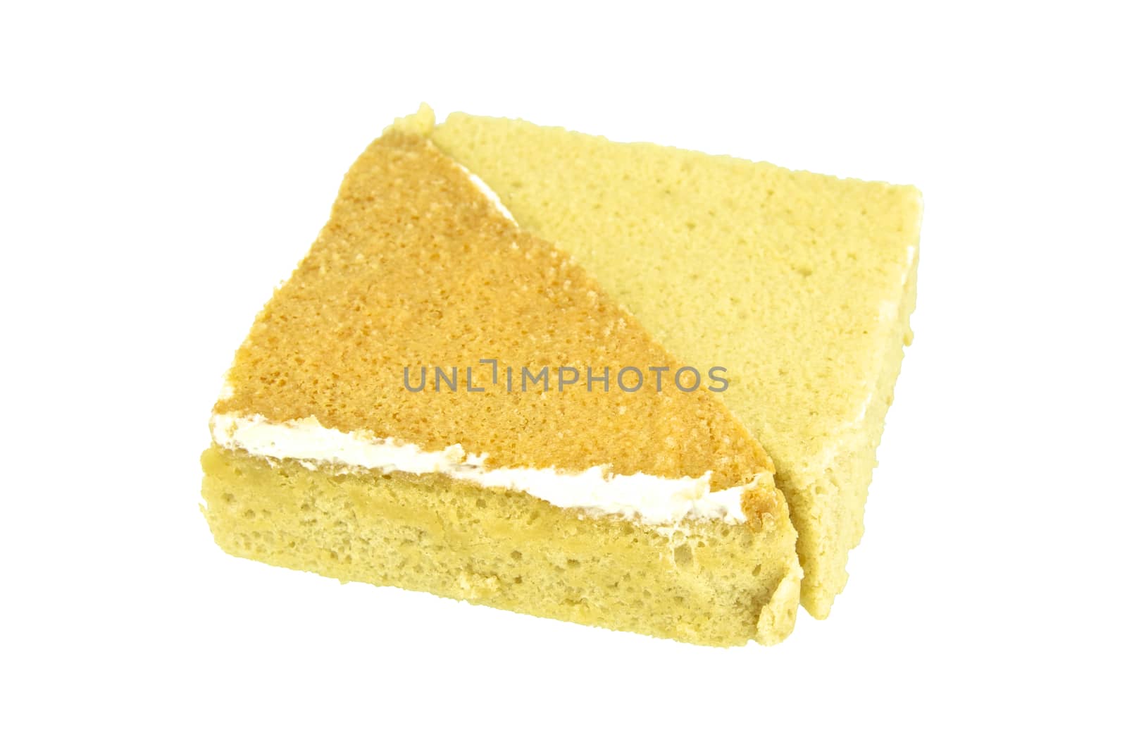 Yellow and brown coffee chiffon cake isolated on white background.