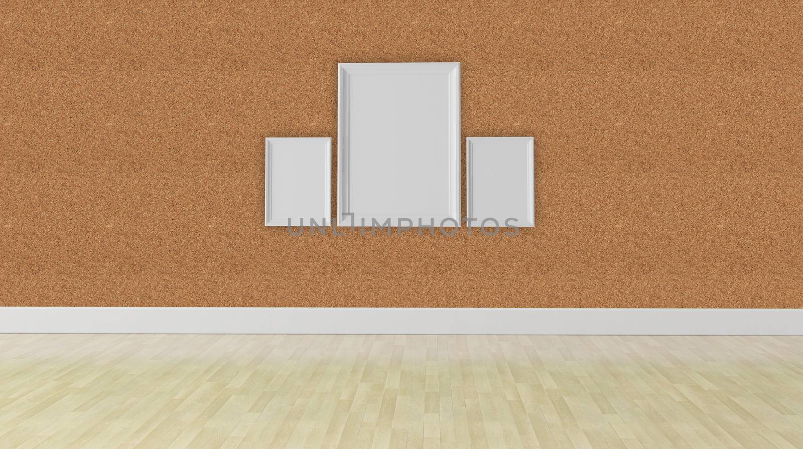 three blank frame on a corkboard wall texture