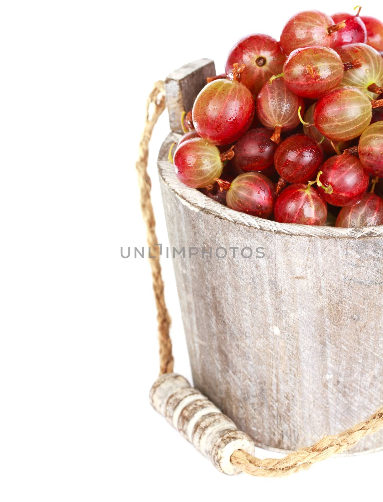 Ripe gooseberry in wooden bucket on white background
