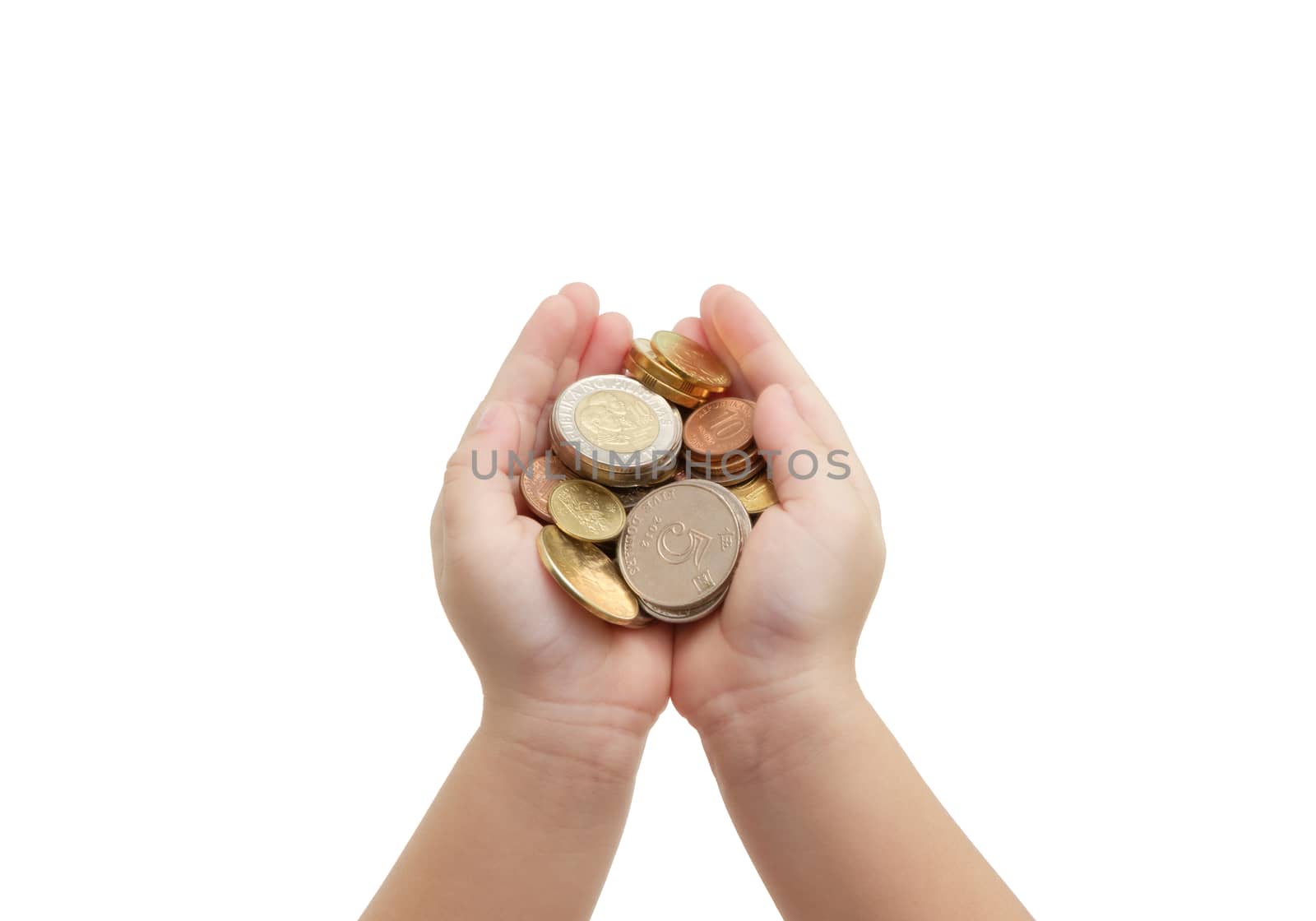 closeup child's hands holding world coins isolated on white background, human hands and saving concepts
