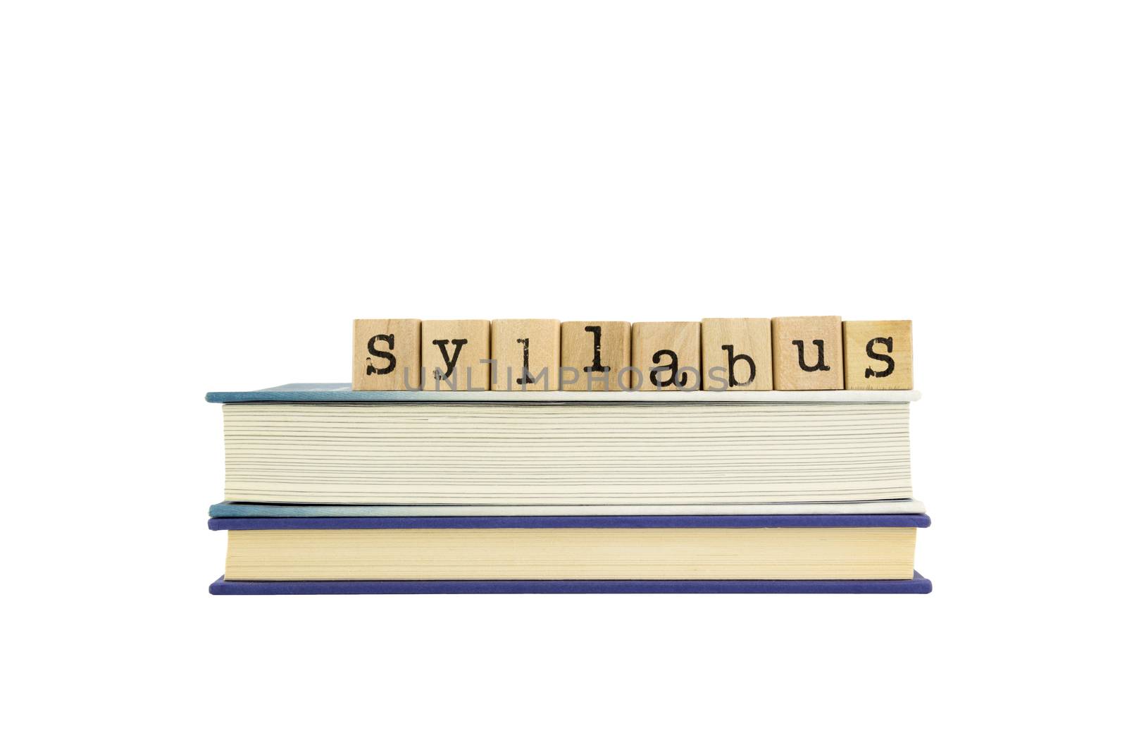 syllabus word on wood stamps stack on books, curriculum and training concept