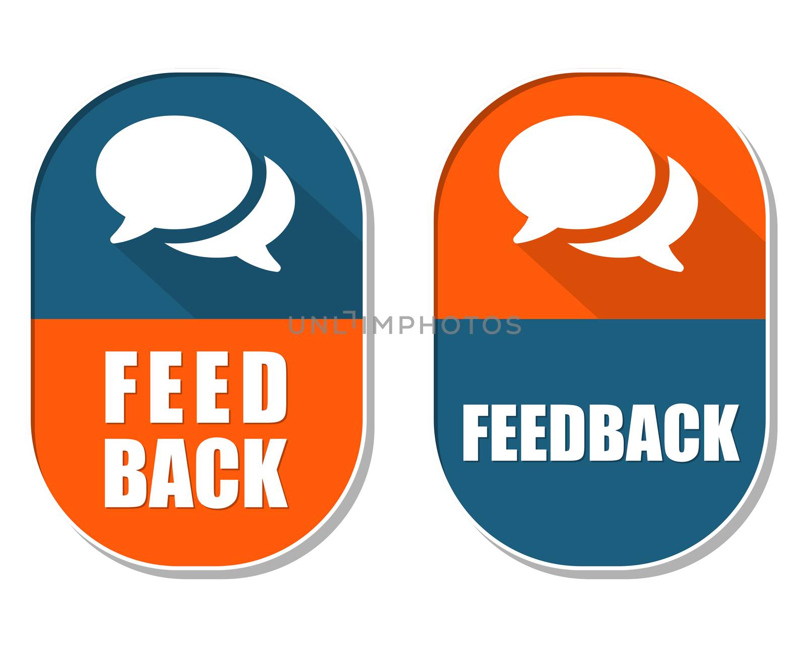 feedback and speech bubbles symbols, two elliptic flat design labels with icons, business and communication concept