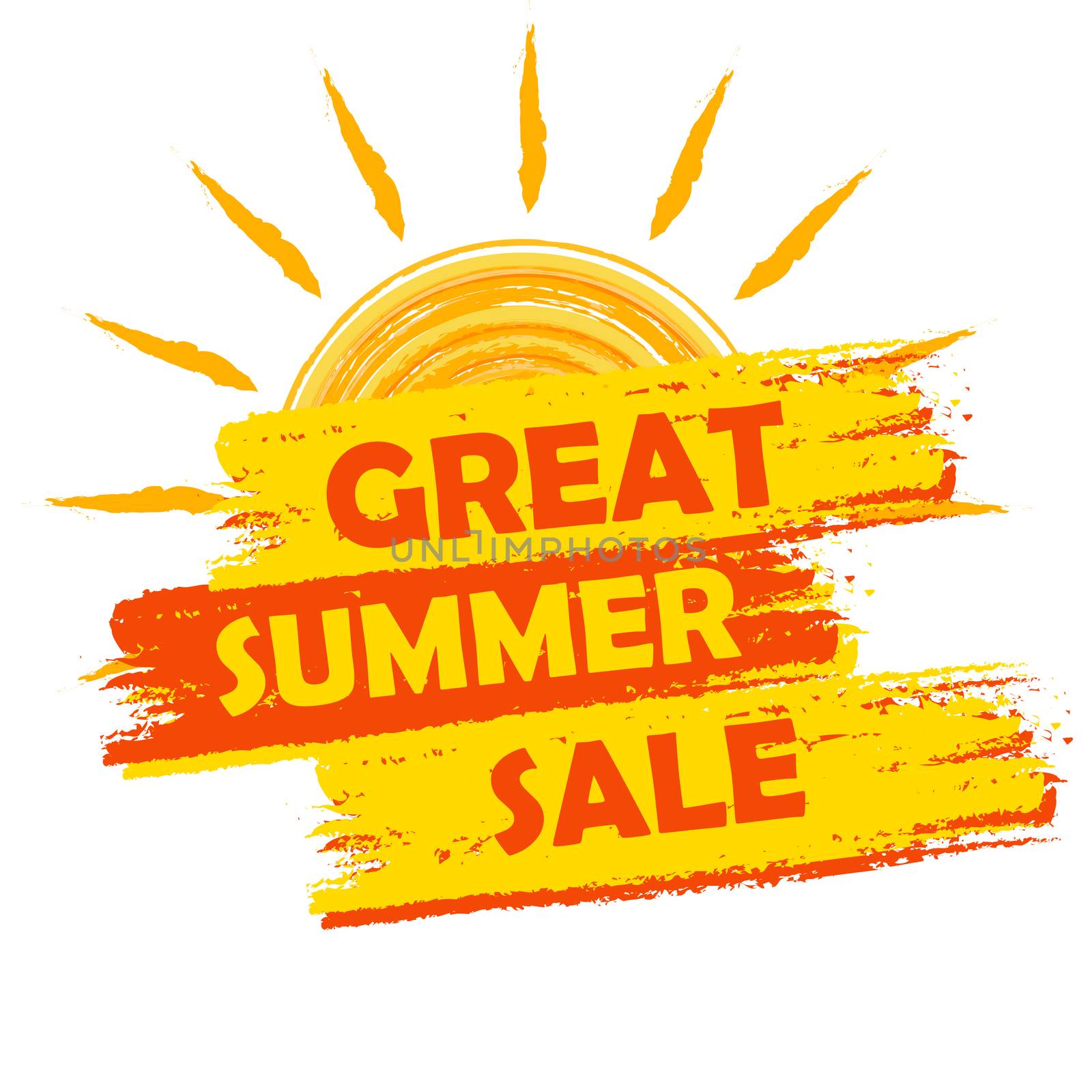 great summer sale banner - text in yellow and orange drawn label with sun symbol, business seasonal shopping concept