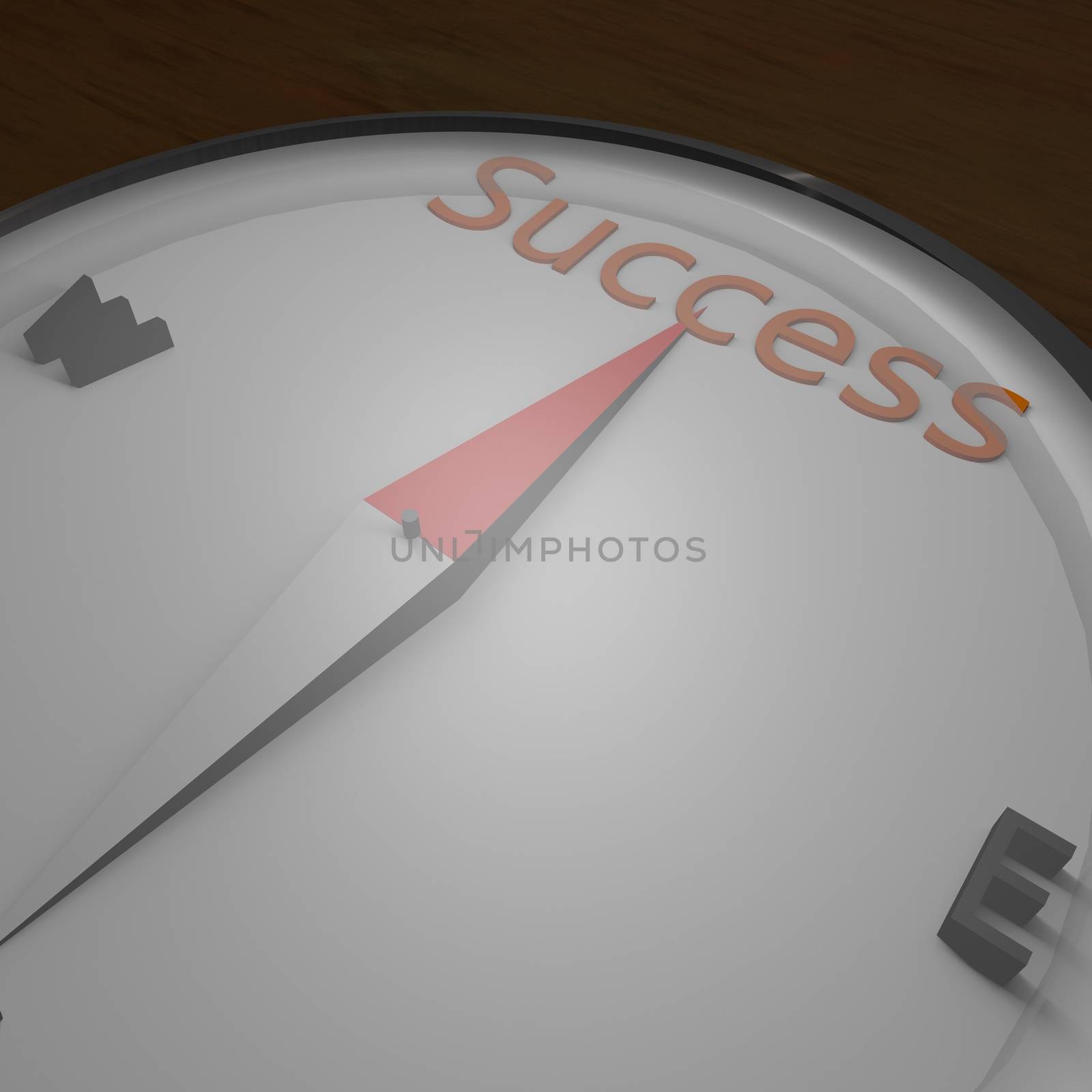 Word "Success" on top of needle of a compass, 3d render