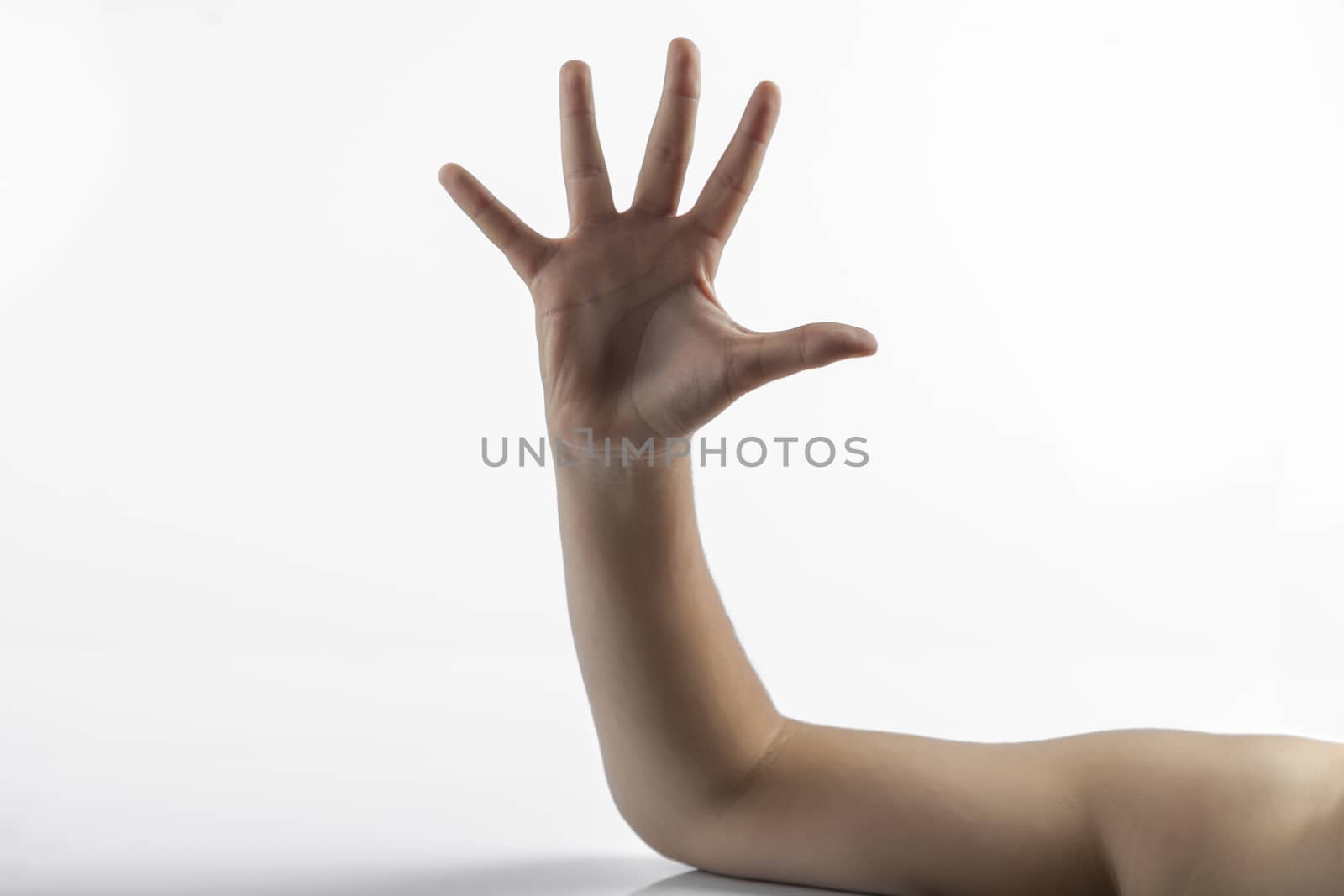 Young hands make a five fingers gesture