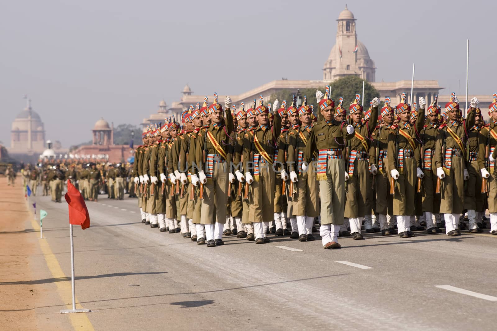 Soldiers parading down the Raj Path in preparation for the Republic Day Parade, New Delhi, India
